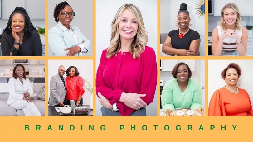 Group of diverse women smiling, some sitting and some standing, in professional attire, with a yellow border and green text reading 'Branding Photography'.