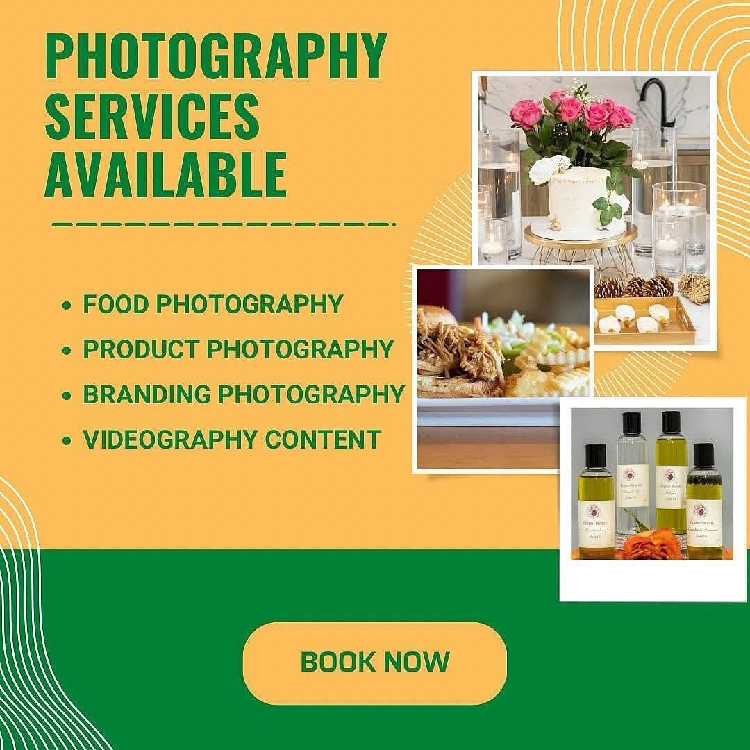 Advertisement for photography services with images of flowers, food, and products, and a booking button.