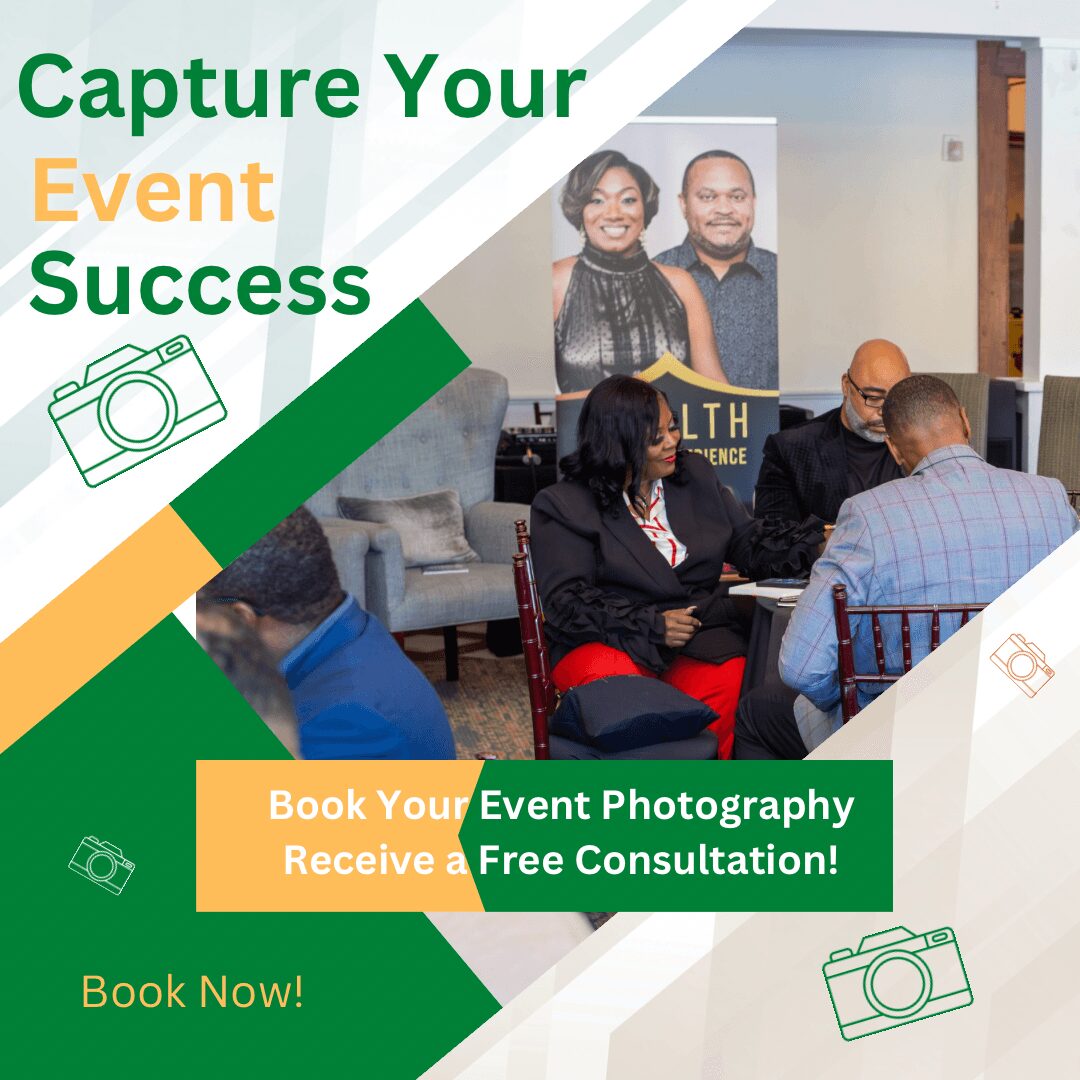 Group of people at a professional event, with a large screen displaying a woman and man, and promotional text about event photography.