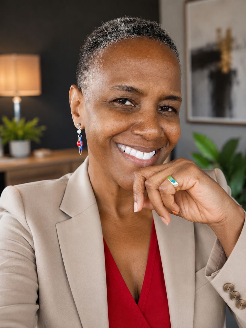 Smiling woman with short hair, wearing a beige blazer and red top, resting her chin on her hand in an indoor setting.