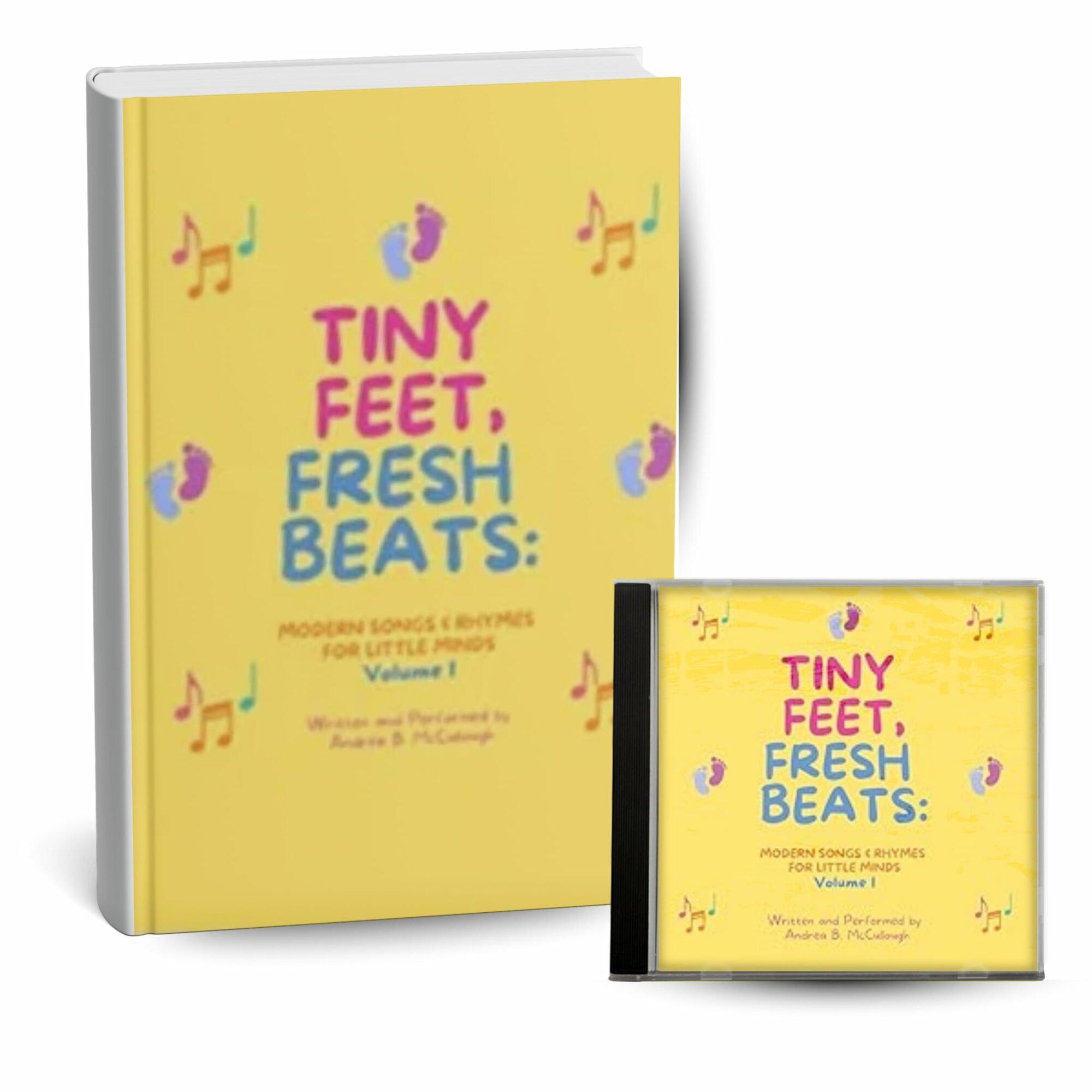 Book and CD cover with yellow background, colorful musical notes, and text about tiny feet and fresh beats.
