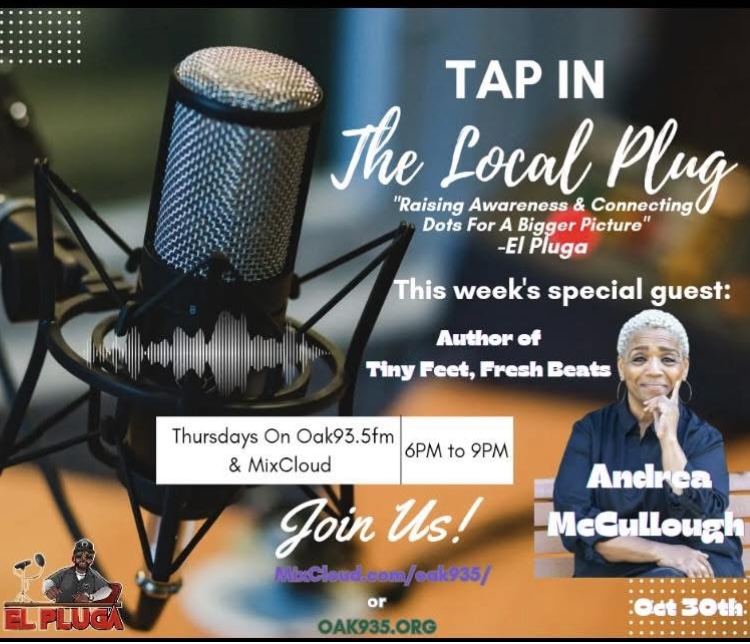 Microphone on a stand with text about a podcast episode featuring Andrea McCullough, airing Thursday 6 PM to 9 PM, with a woman speaking.