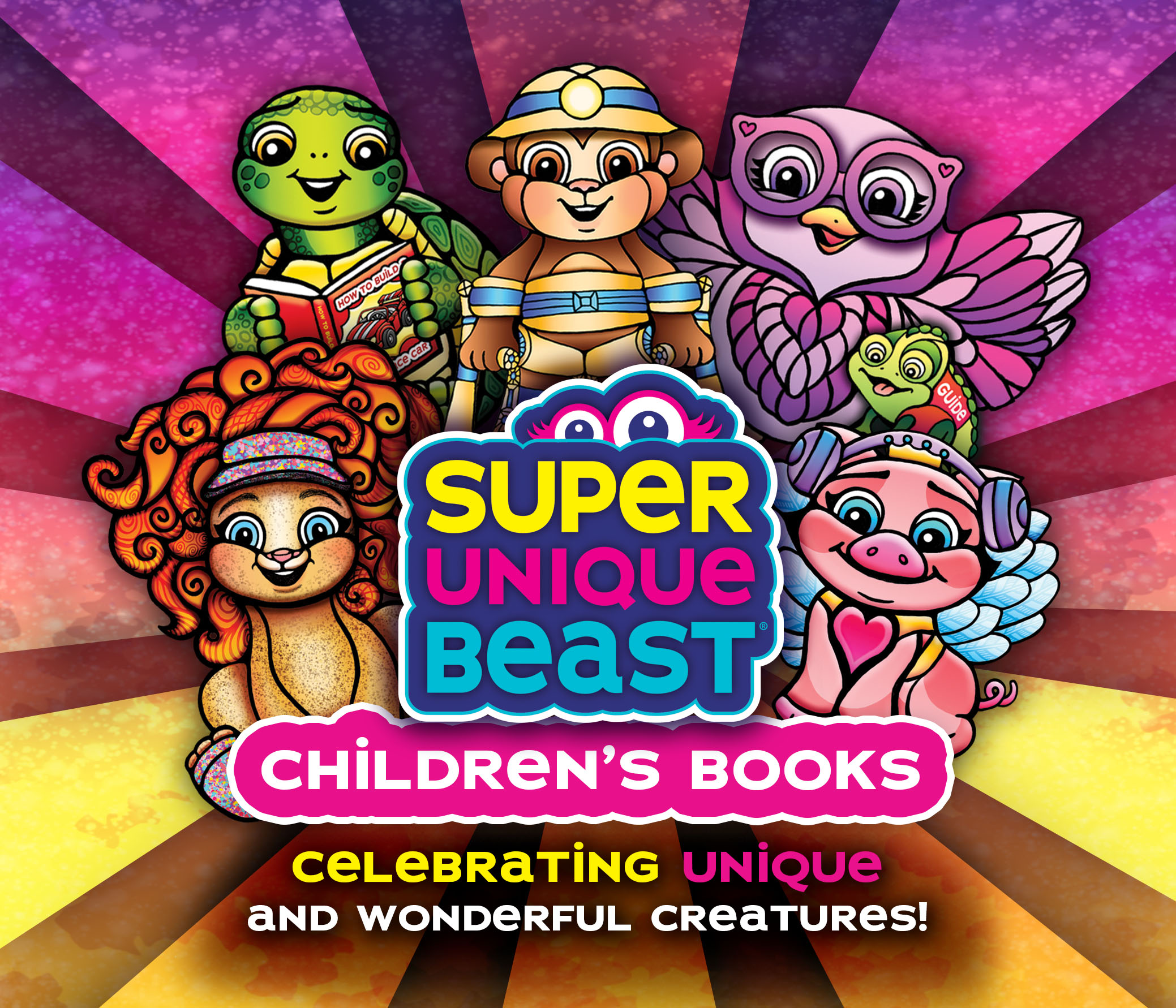 Colorful children's book cover with cartoon animals and a girl, titled 'Super Unique Beast' and 'Children's Books', celebrating creatures.