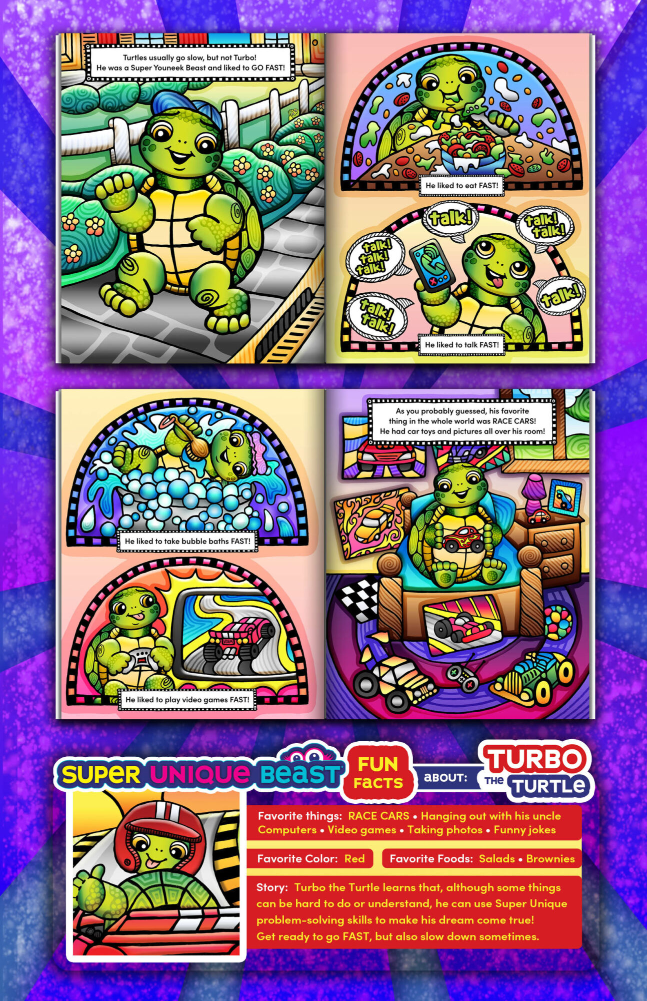 Four images of a green cartoon turtle in various settings, including a factory, control room, and race track, with colorful backgrounds.