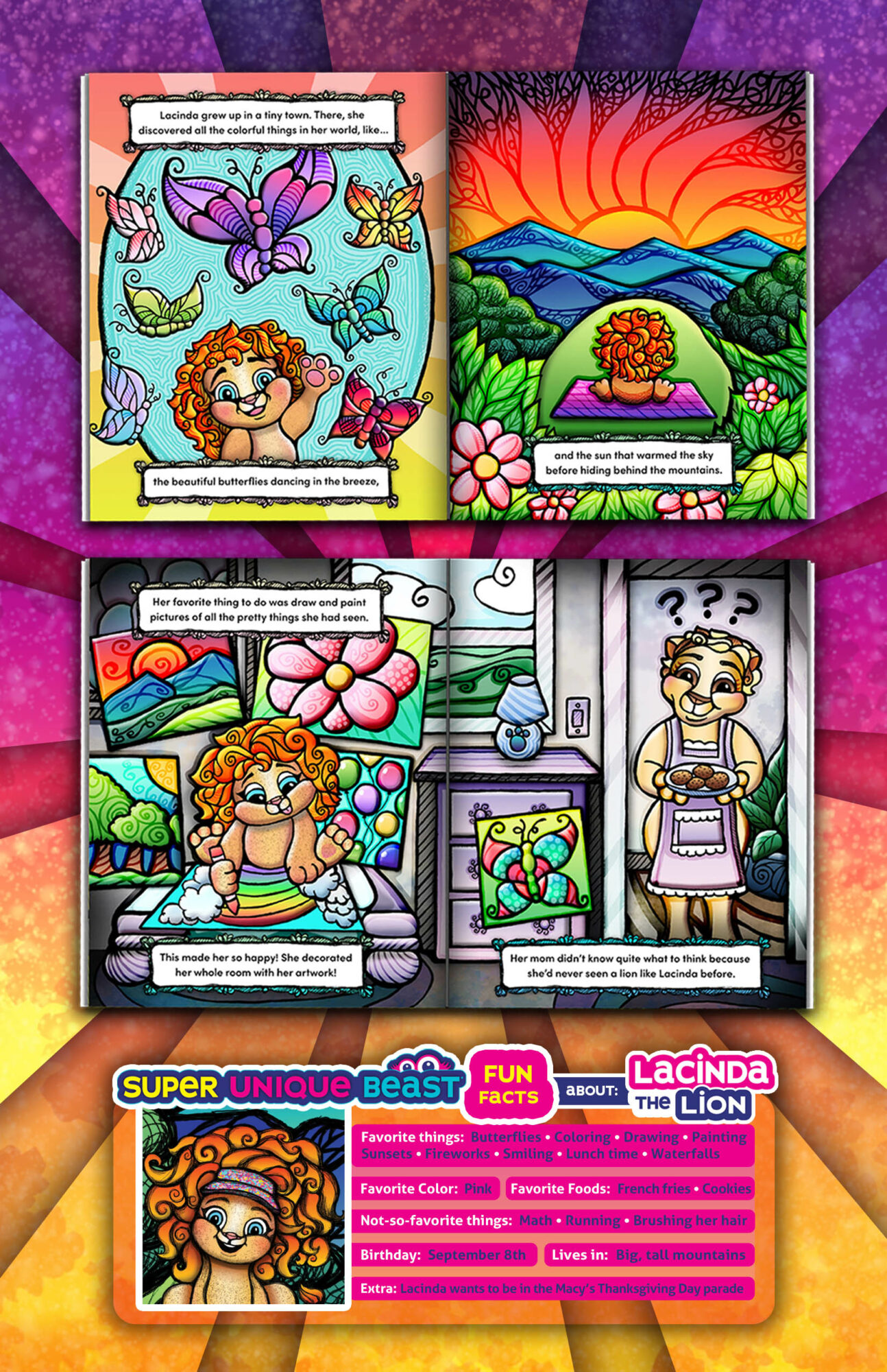 Four colorful pages from a children's activity book featuring butterflies, a sunset, a girl with flowers, and a woman with a lion costume, with text and puzzles.