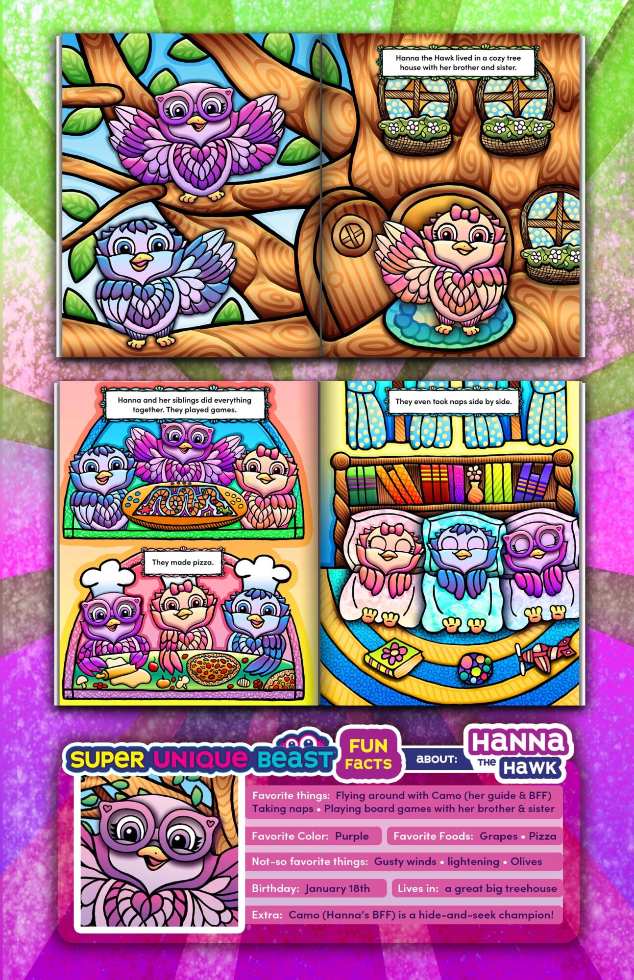 Colorful illustration of owls on tree branches, a bookshelf with books, and a card with a cartoon owl, all vibrant.