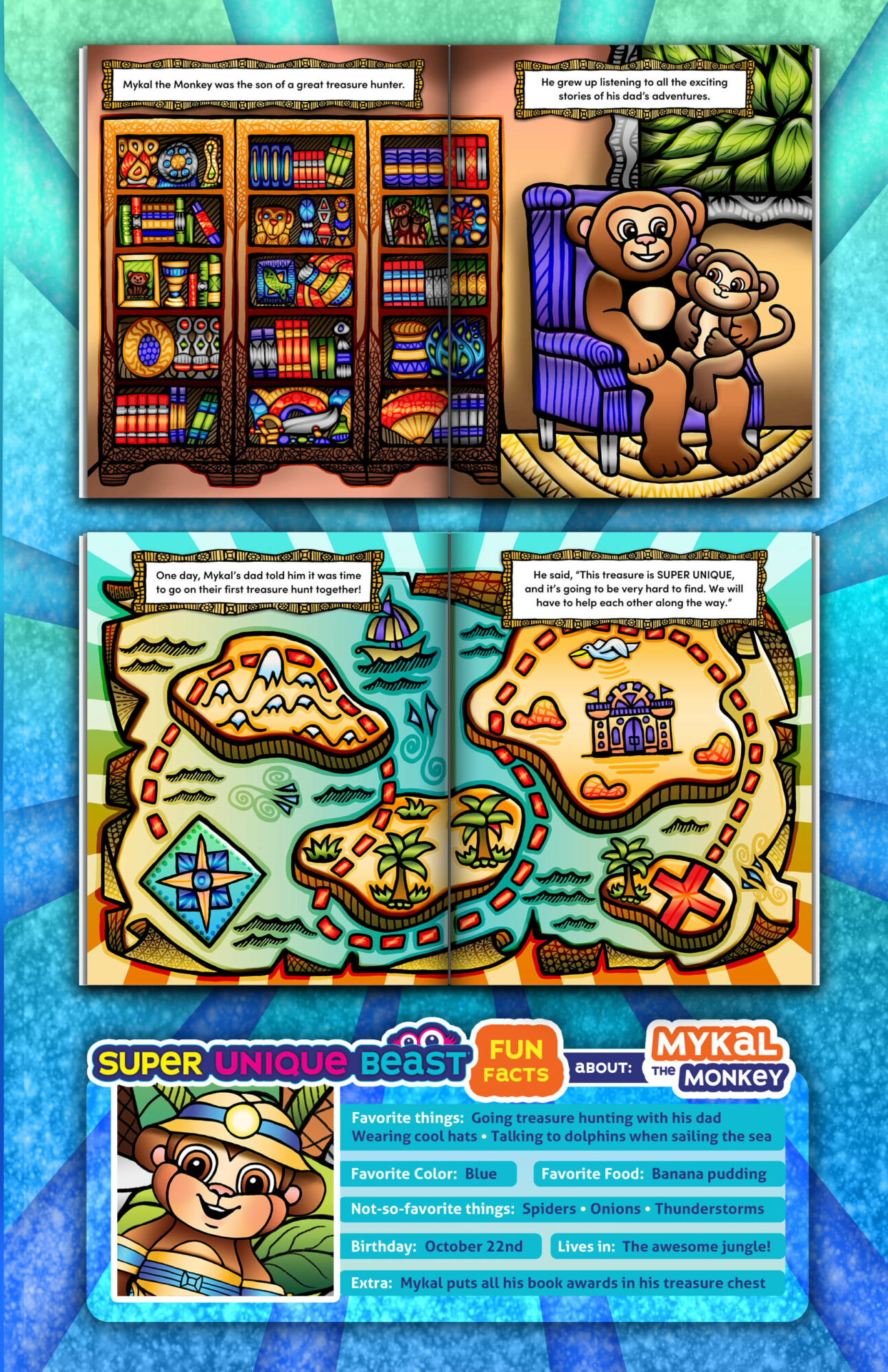 Bookshelves filled with colorful books, two bears hugging, and a treasure map with a ship, island, and compass. Child-friendly scene.