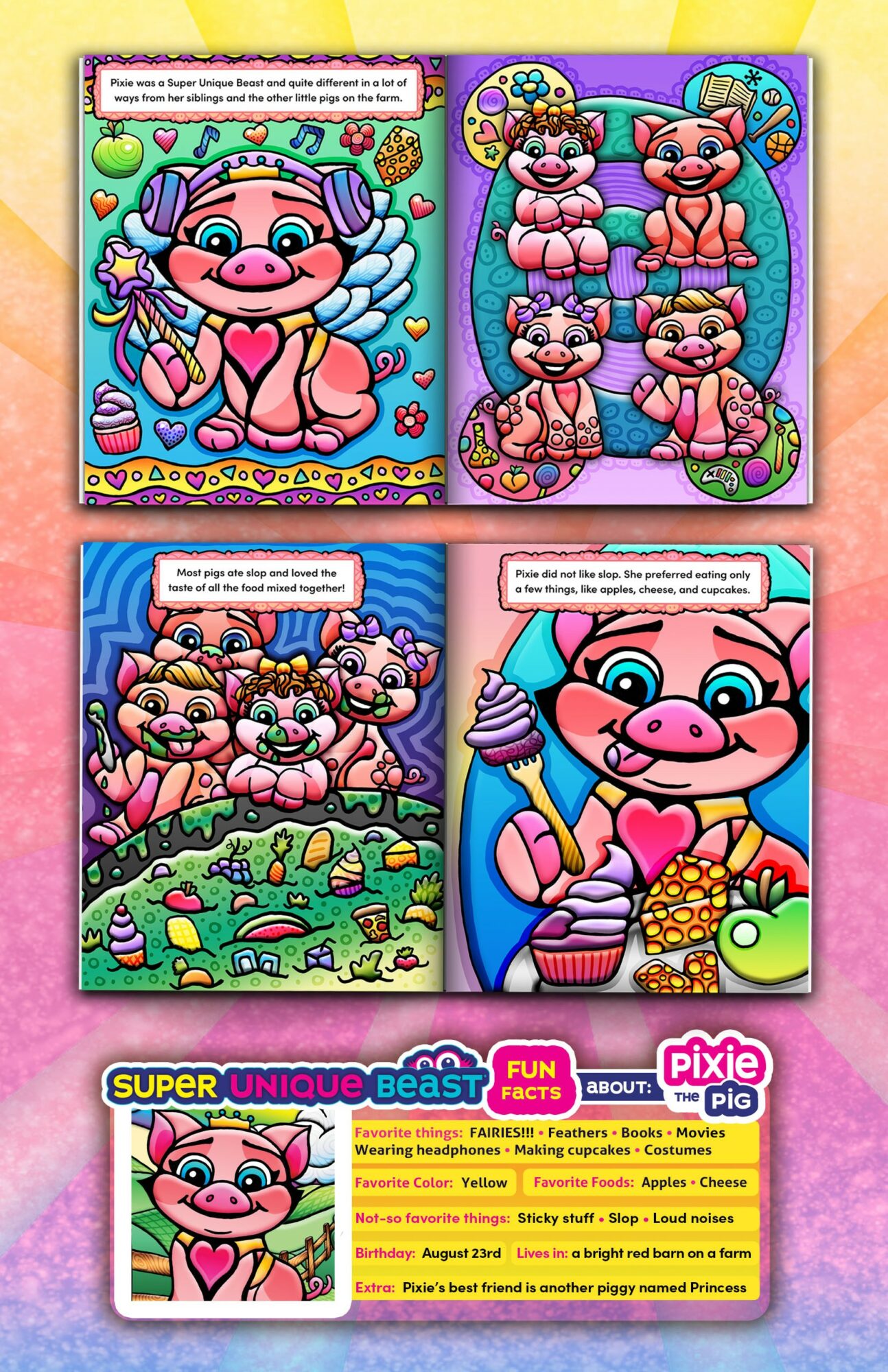 Four colorful illustrations featuring cartoon pigs with various backgrounds and activities, including a pig with a crown, pig friends, and a pig with cupcakes.