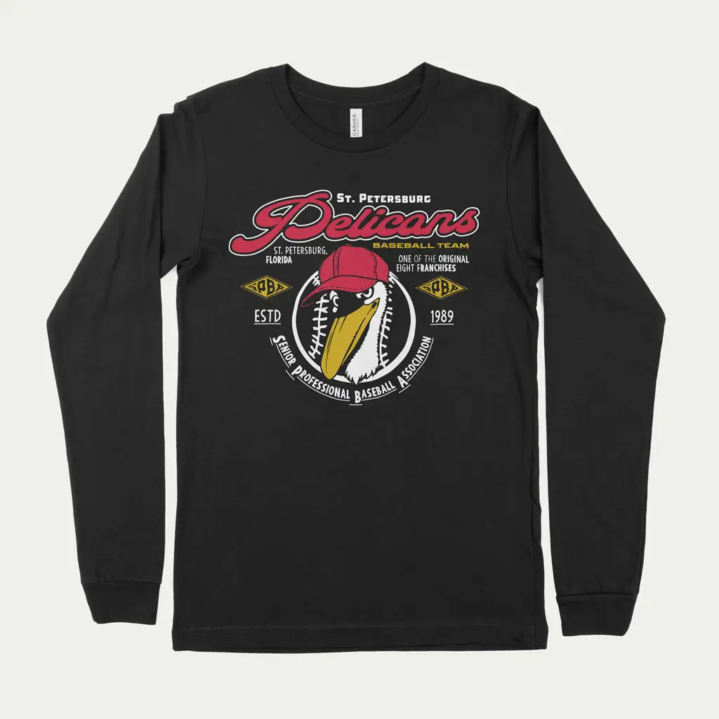 Black long-sleeve shirt with a baseball-themed graphic including a bird wearing a cap, text, and logos.
