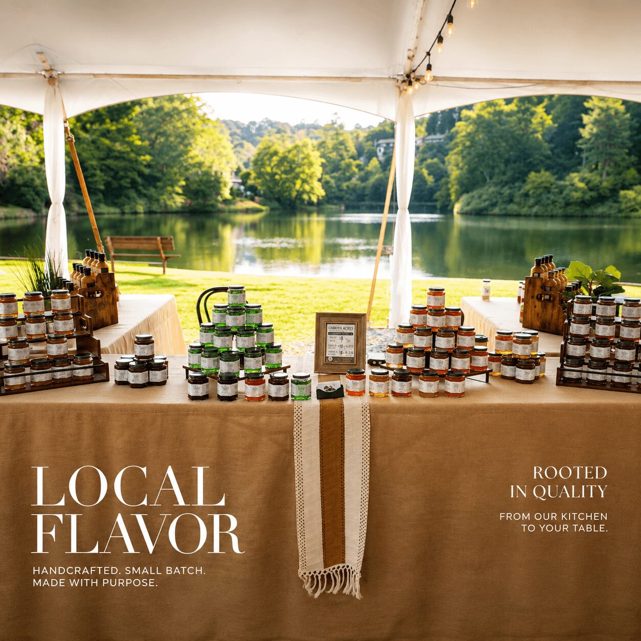 Market stall with jars of products under a tent overlooking a lake and trees, sunny day.