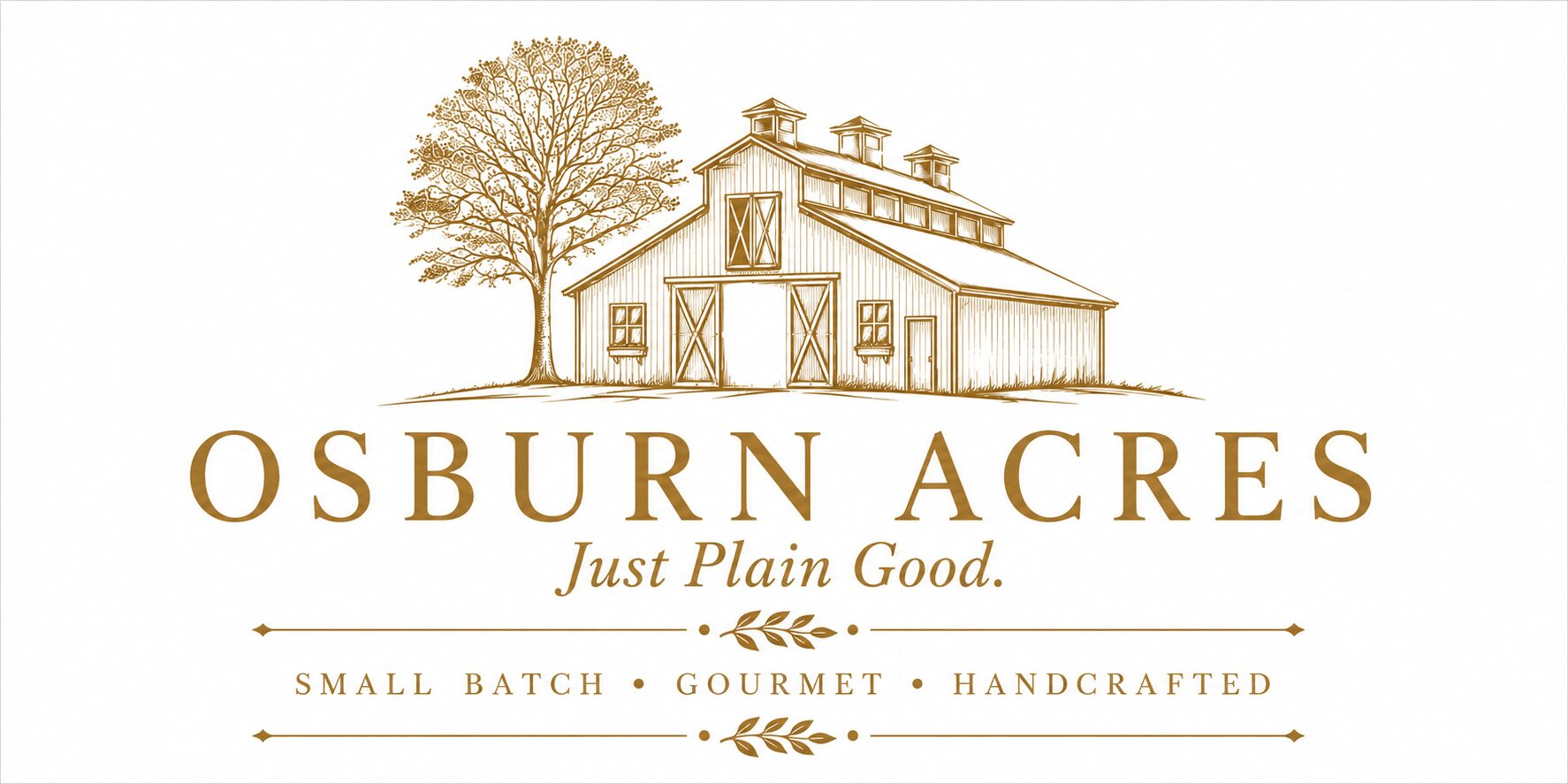 Logo with a tree and a house, text reads 'OSBURN ACRES' and 'Just Plain Good', with additional descriptive text.