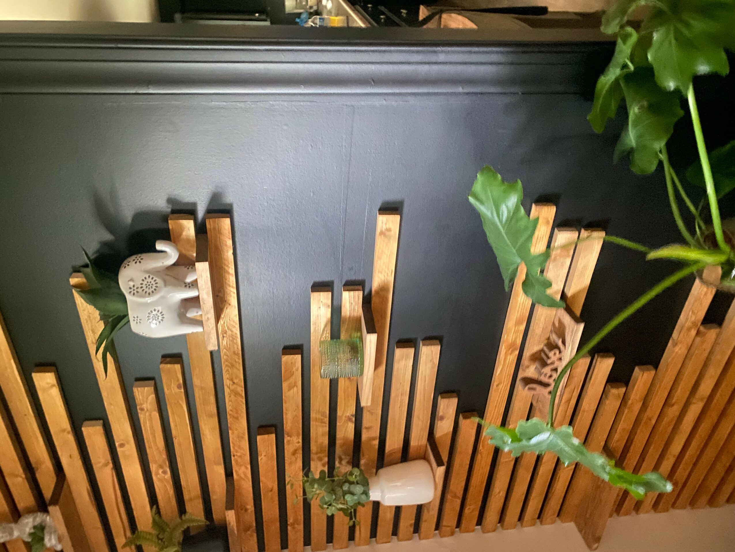Wooden slats with a small gray object and green plant leaves in the foreground.