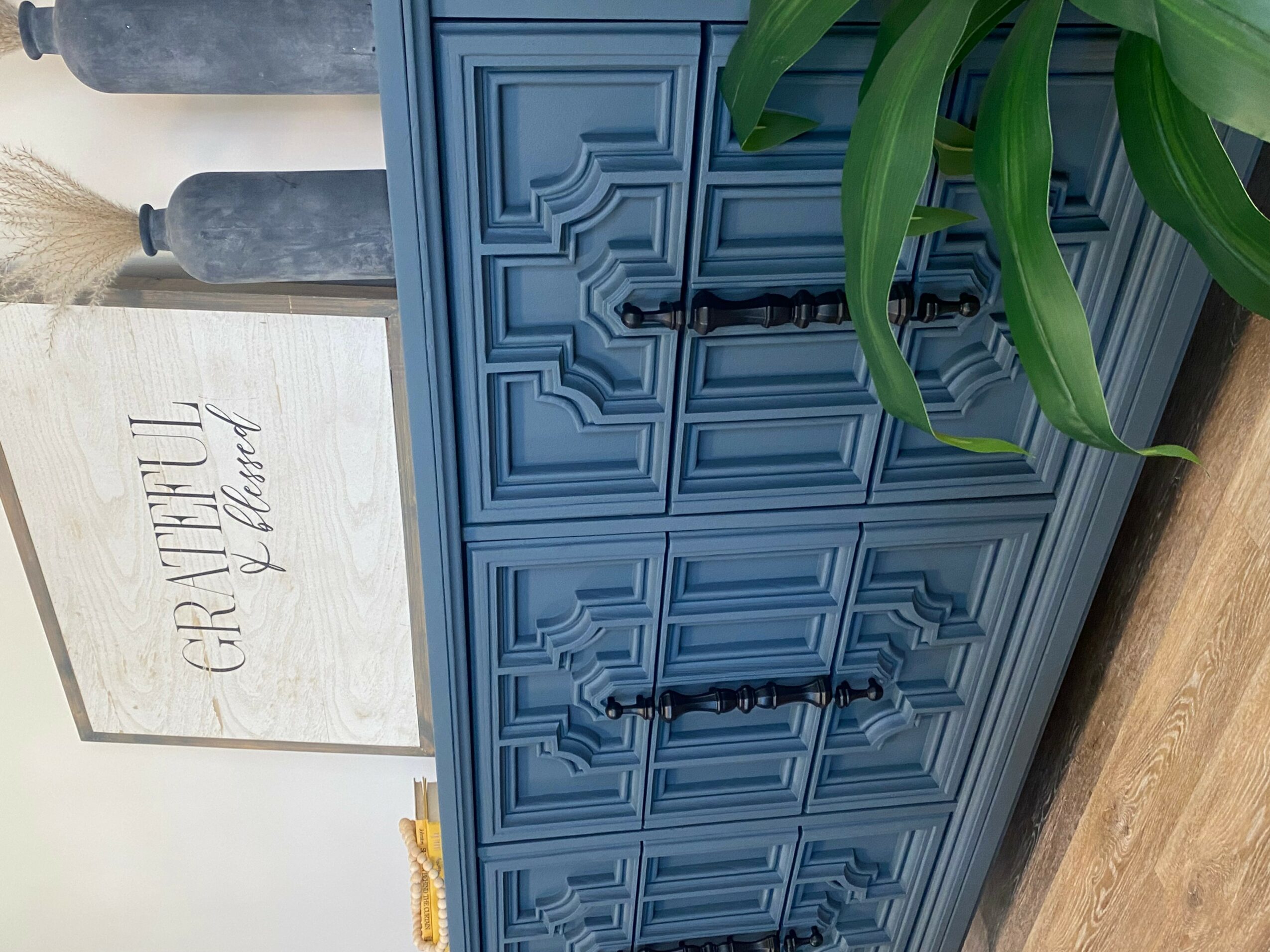 Blue cabinet with geometric patterns, black handles, and a green plant partially visible on the right.