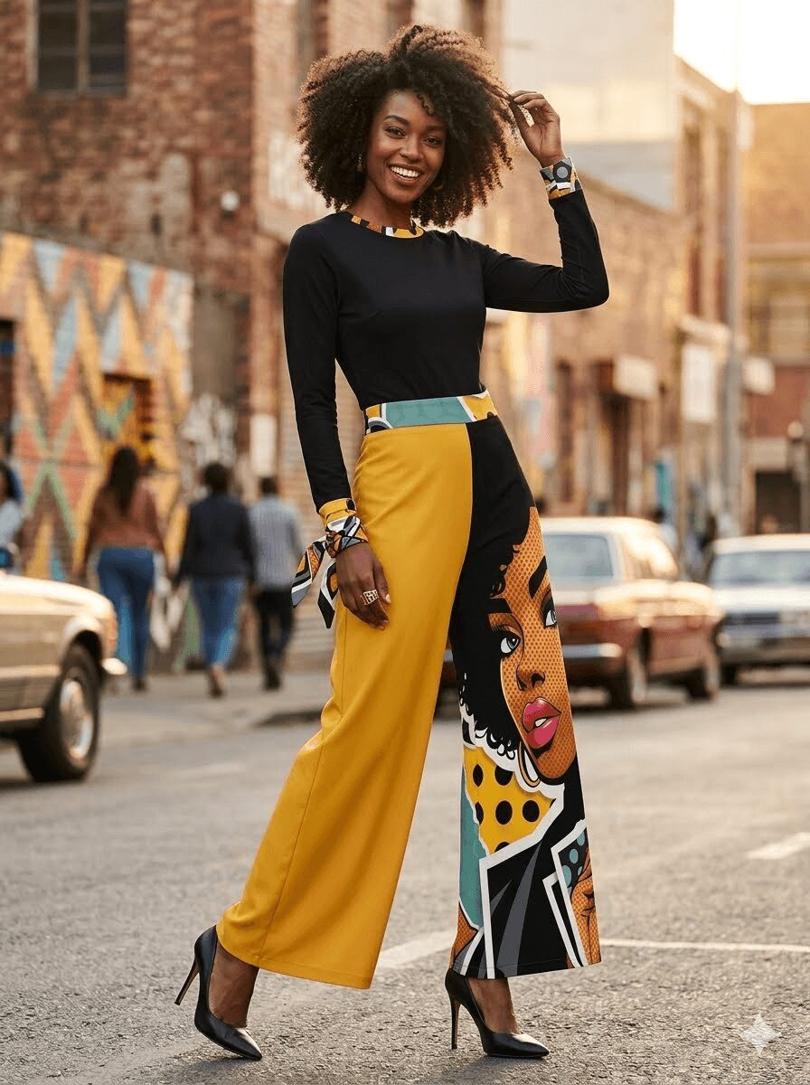 Woman with curly hair wearing a black top and colorful wide-leg pants with a graphic face design, walking on city street