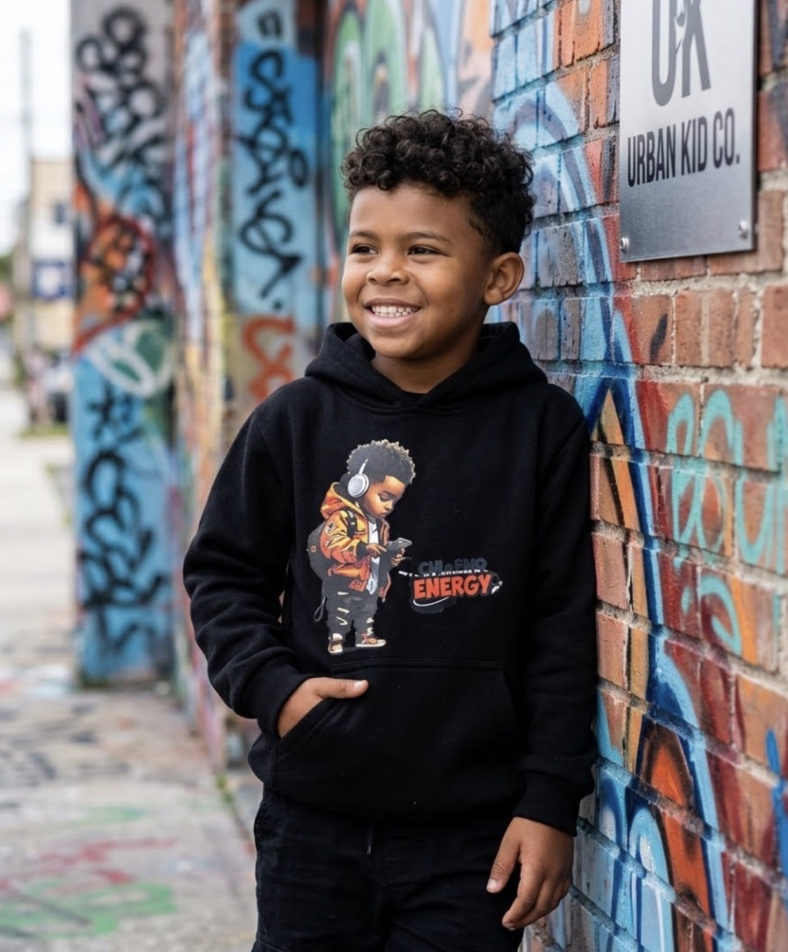 Smiling boy with curly hair wearing a black hoodie with a graphic, standing against a colorful graffiti wall.