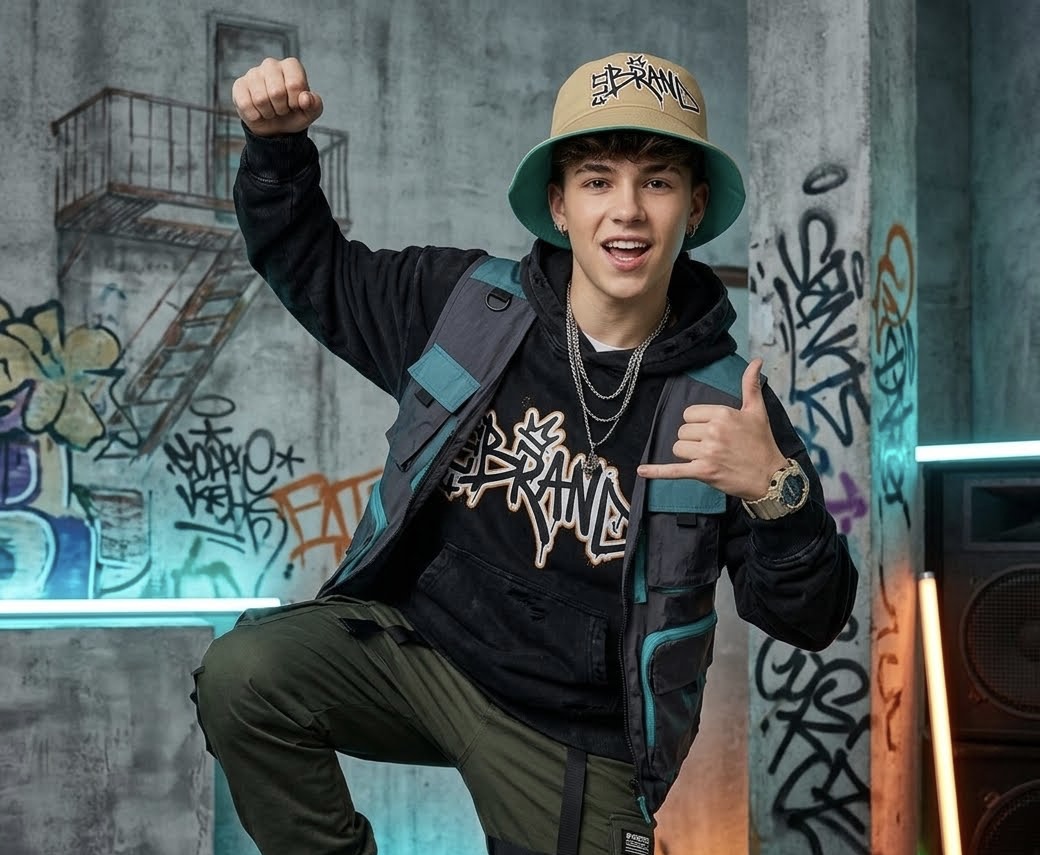 Young person smiling, wearing a hat, backpack, and hoodie, raising a fist in front of graffiti wall.