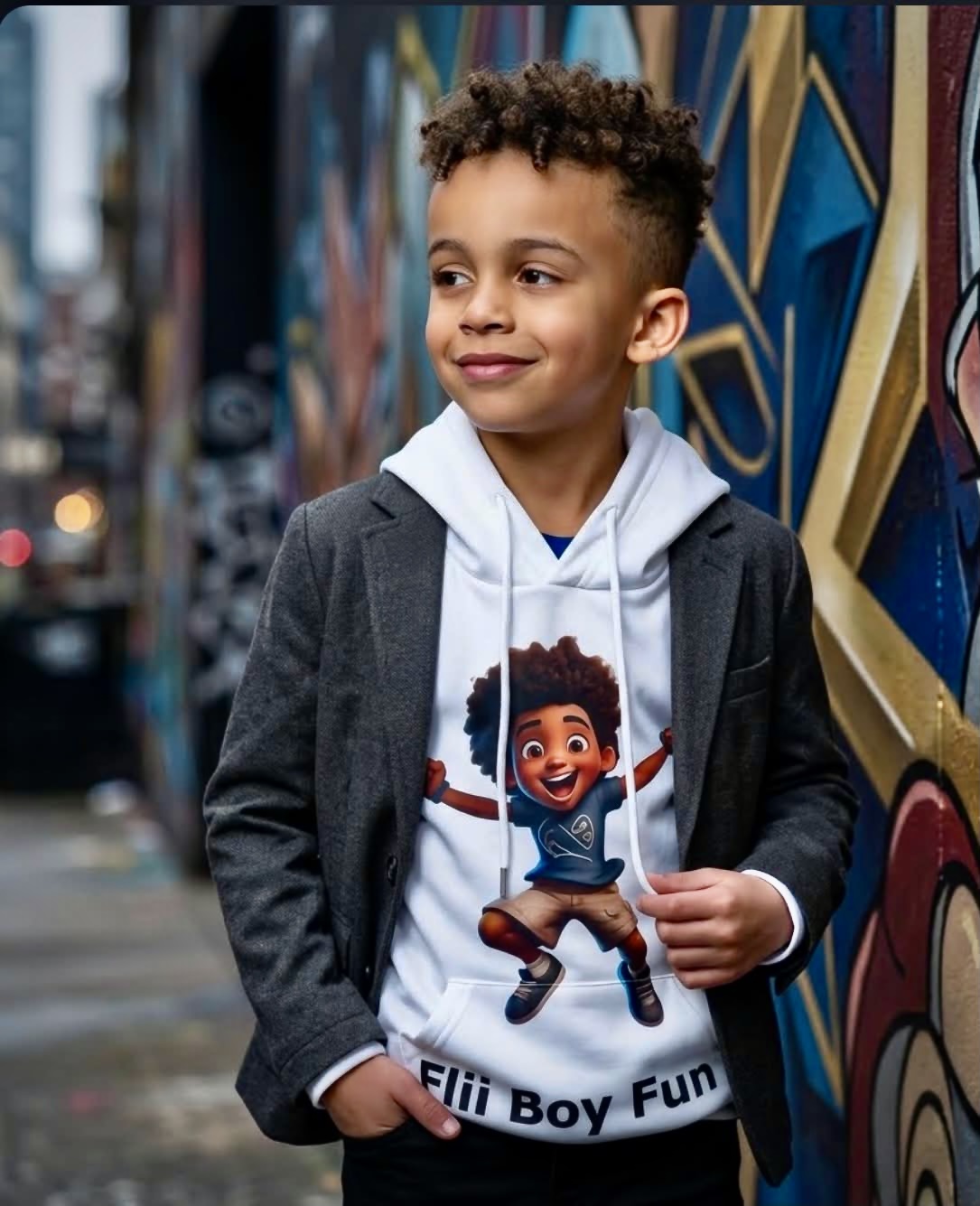 Young boy with curly hair wearing a hoodie and jacket, standing in front of colorful graffiti wall.