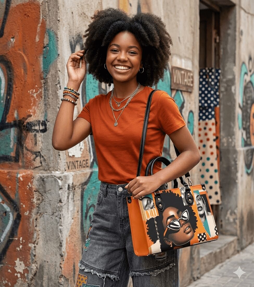 Smiling young woman with curly hair stands against graffiti wall, holding a colorful bag, wearing an orange shirt and denim shorts.
