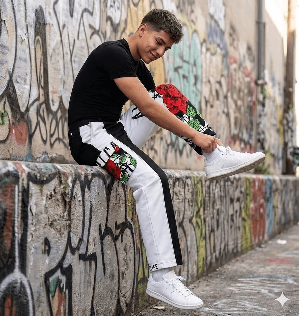 Young man sitting on a graffiti-covered wall, adjusting his white sneaker, wearing a black t-shirt and white pants with a red and green design.