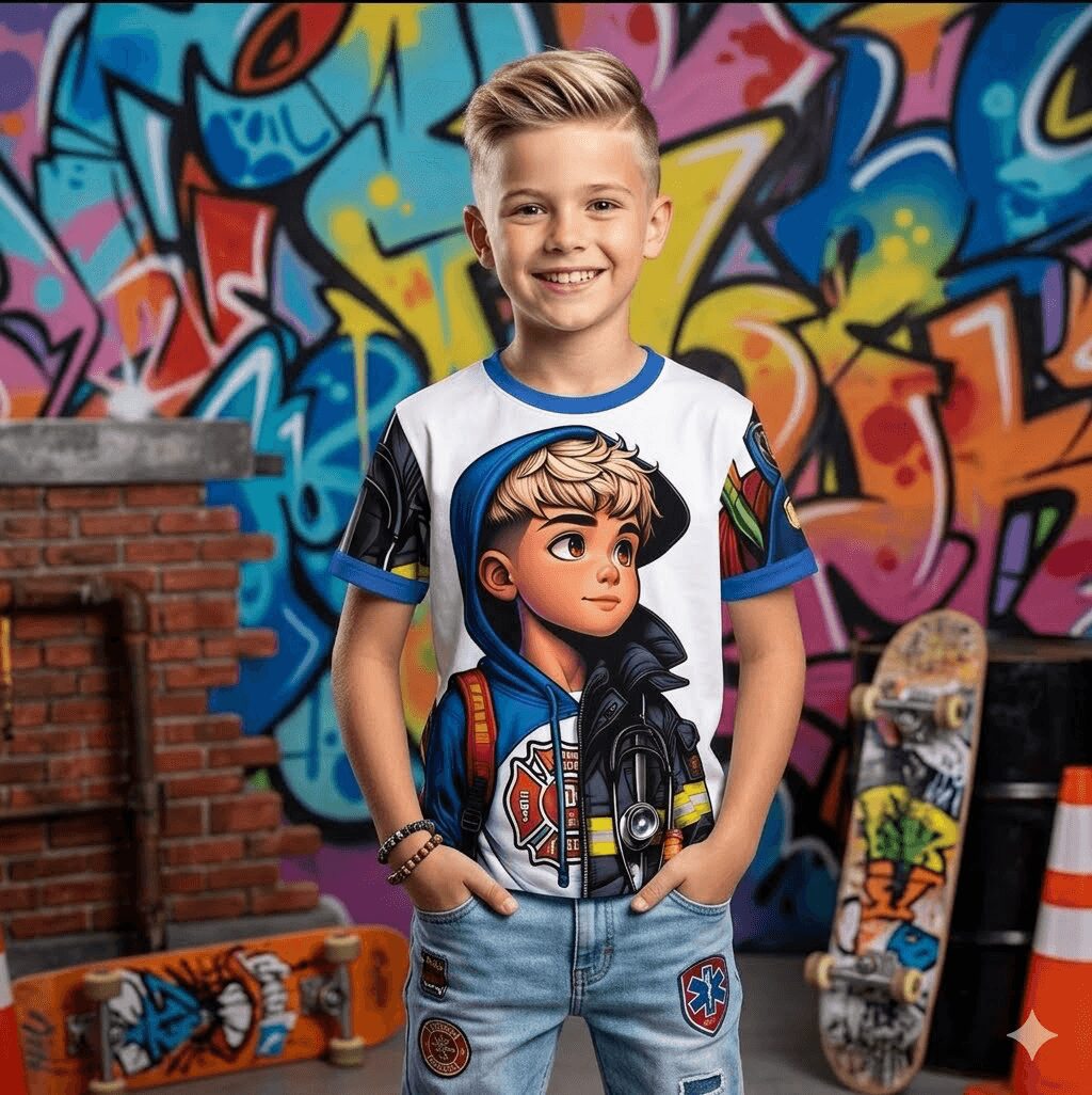 Smiling boy with short blond hair wearing a graphic t-shirt and jeans, standing in front of colorful graffiti wall.