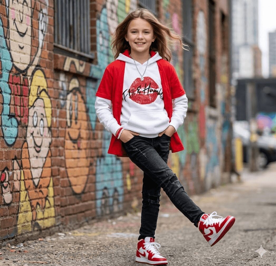 Girl with long hair smiling, wearing a red and white hoodie, black pants, and red and white sneakers, standing against a graffiti wall.