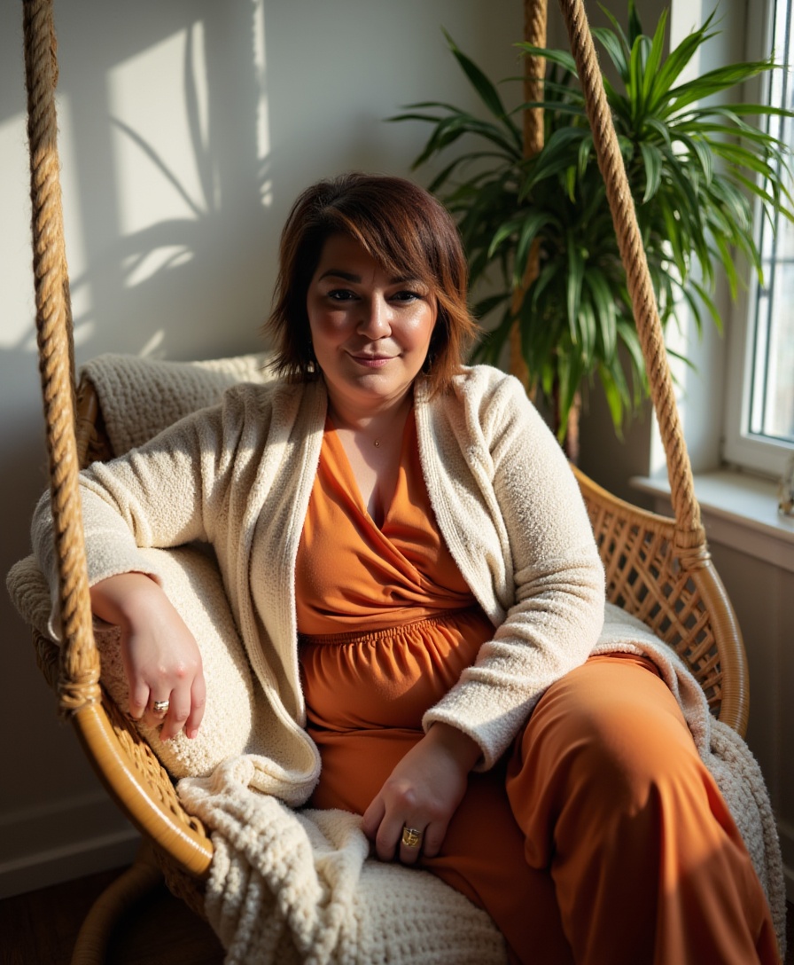 Woman sitting on a hanging chair indoors, with a large plant and window in the background.