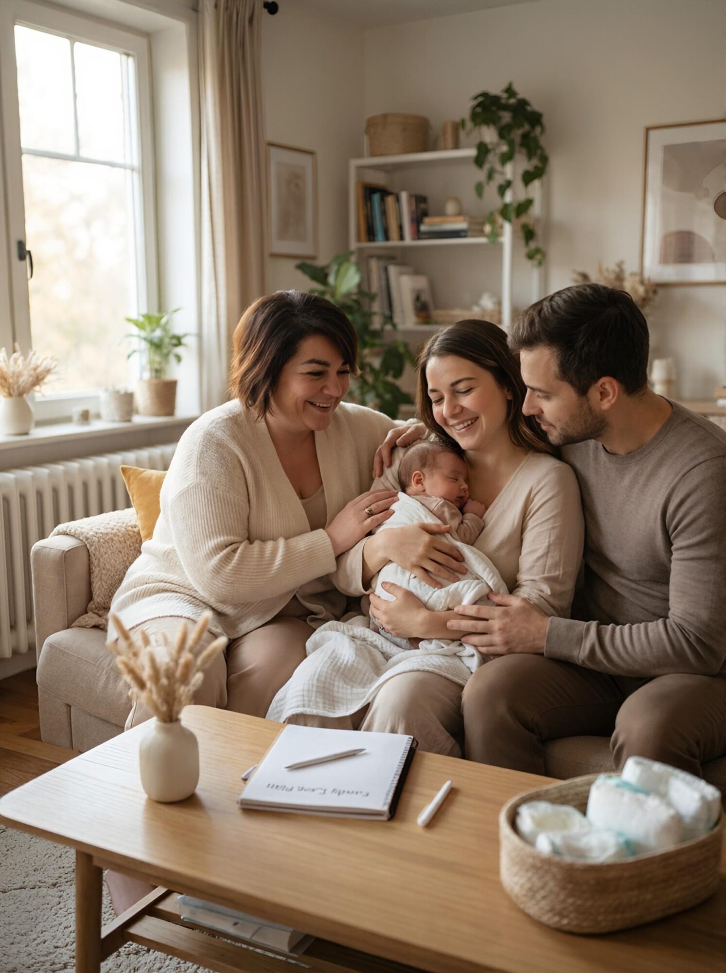 Family of four sitting on a sofa, smiling, holding a baby, in a cozy living room with plants and books.