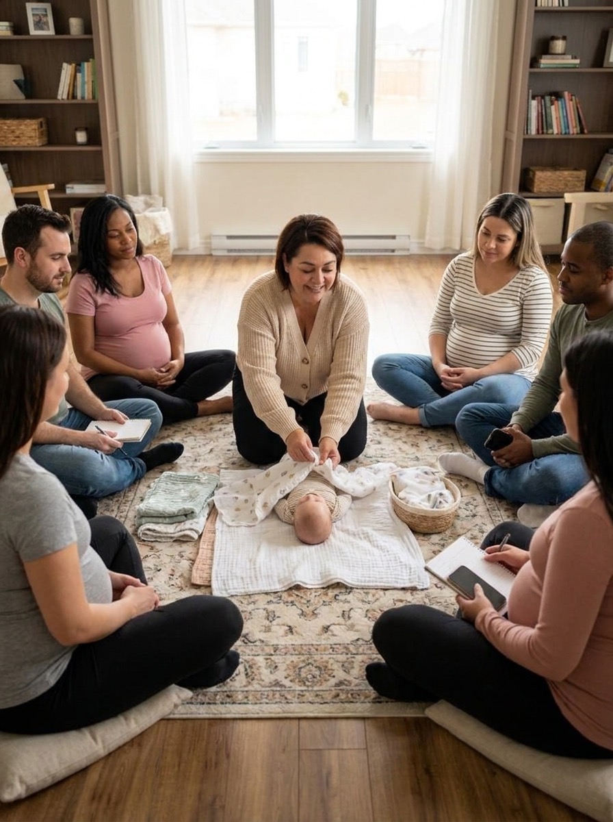 Group of women and a man sitting in a circle on the floor, participating in a baby care class, with a baby doll in the center.