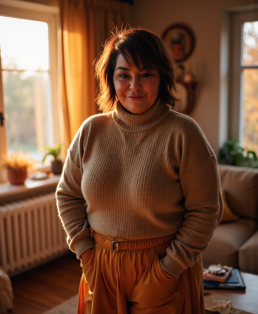 Woman with short dark hair in a beige turtleneck sweater and orange pants, standing in a cozy living room with sunlight streaming in.