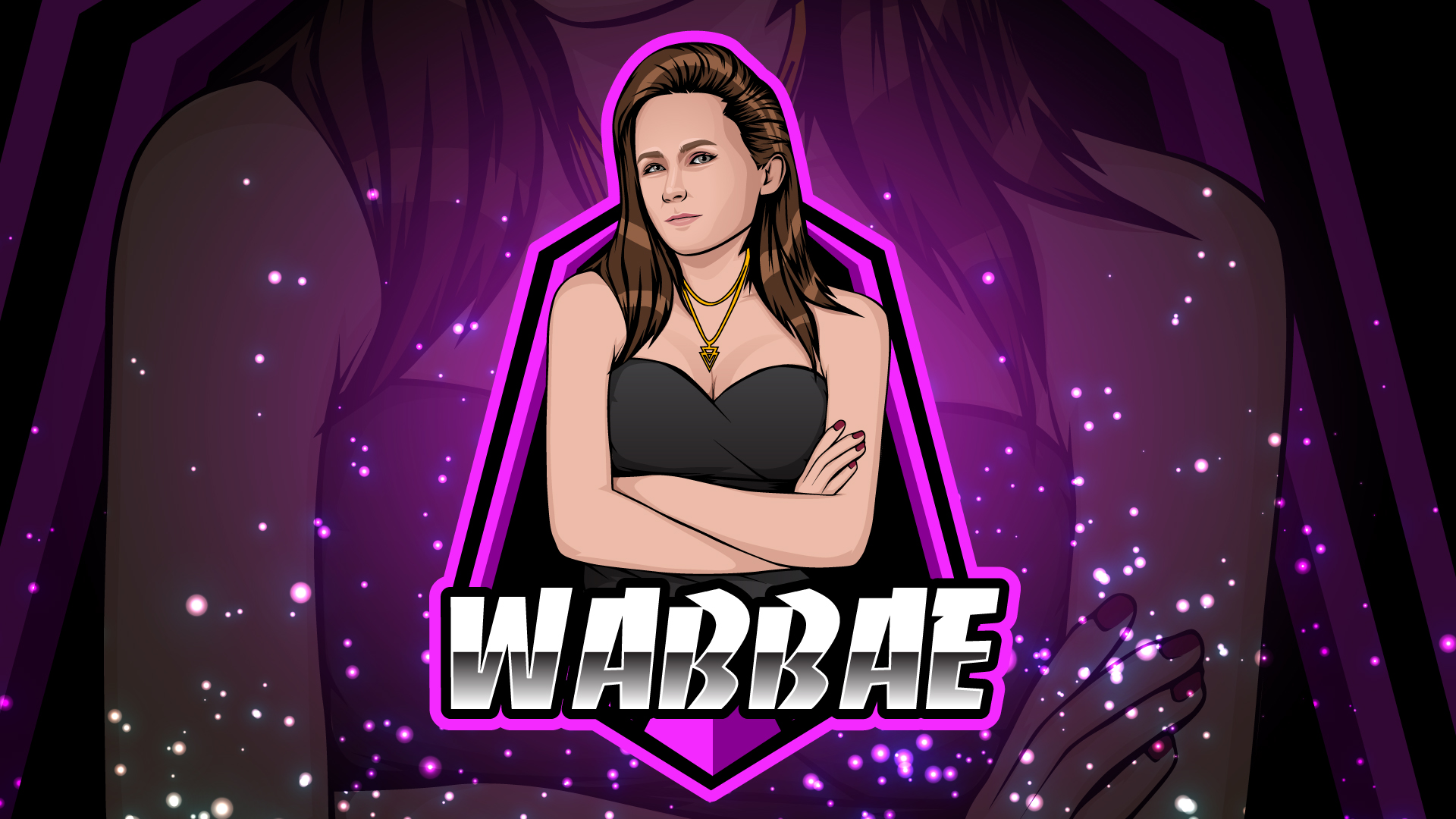 Illustration of a woman with crossed arms, dark hair, and a black top, with purple and black background, and the text 'WABBAE'.