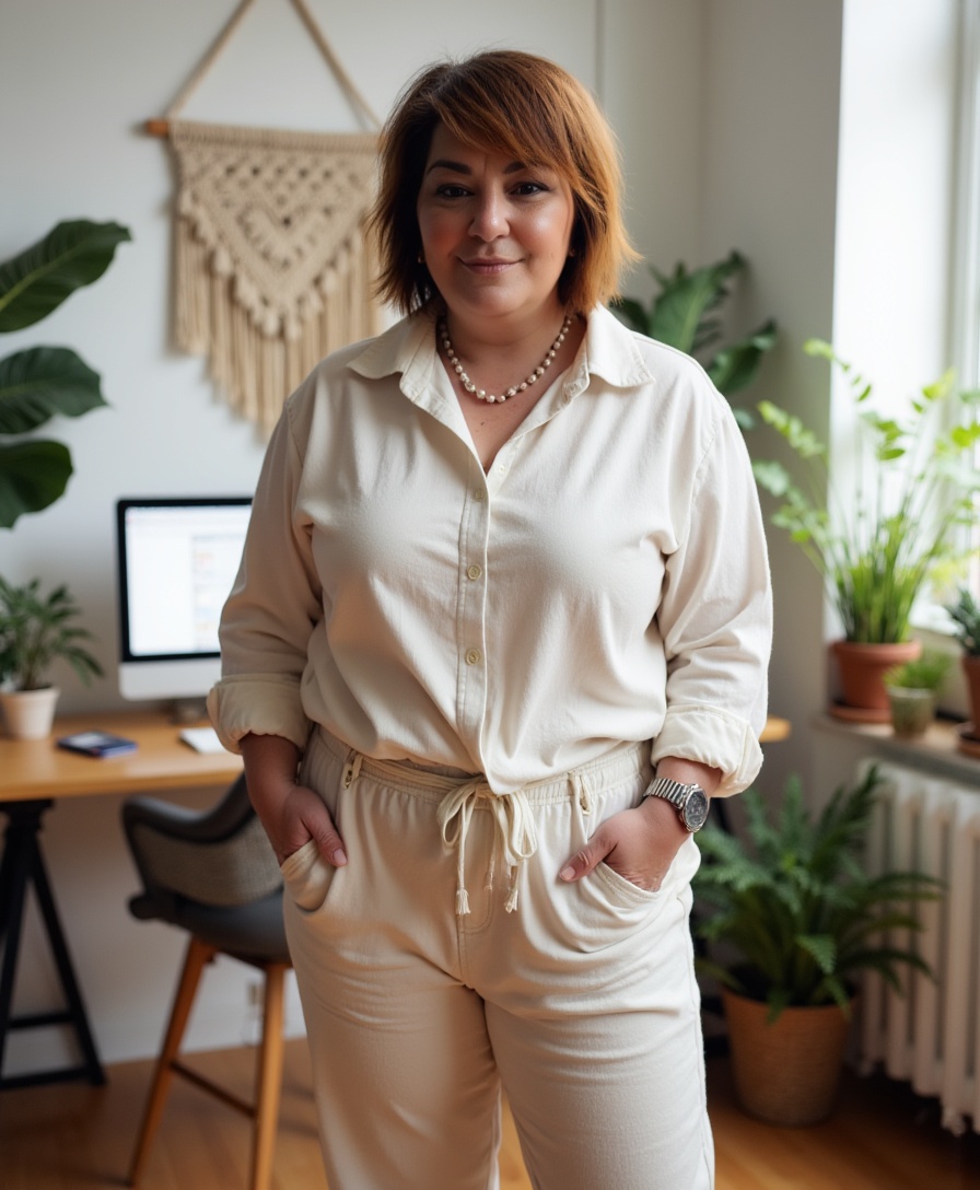 Woman with short hair in cream-colored outfit standing in a room with plants and a desk.