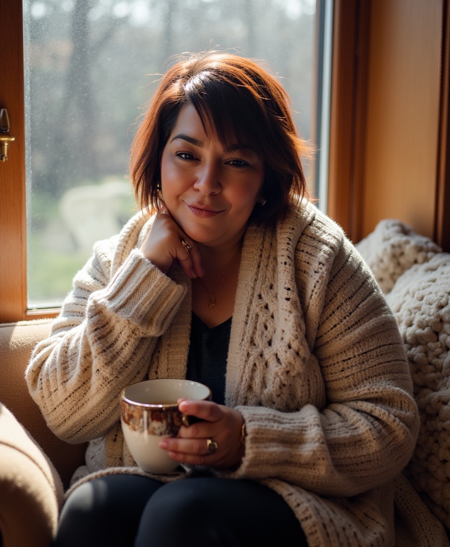 Woman with short hair sitting by window, holding a mug, smiling softly, wearing a beige knitted sweater.