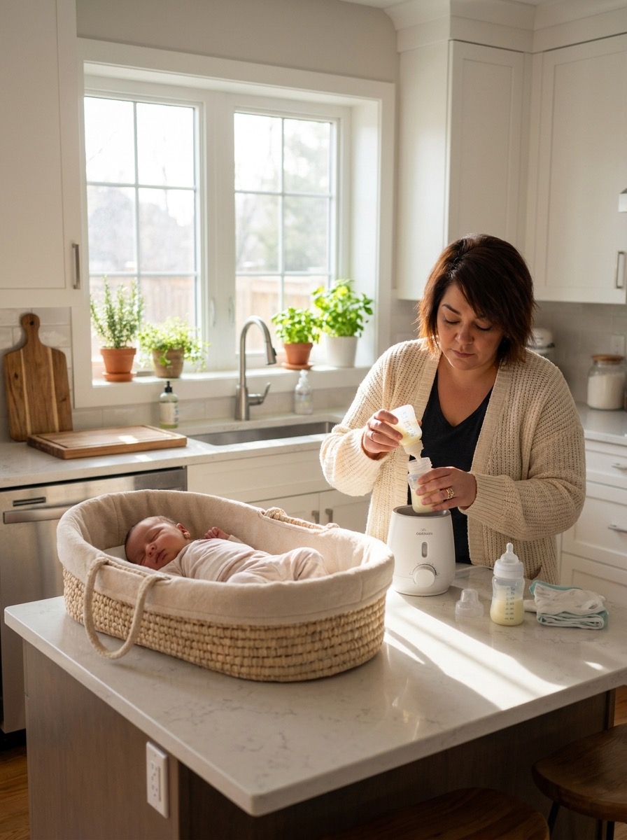 Woman with short dark hair in cream cardigan preparing bottles for a newborn in a bright kitchen with white cabinets and large window.