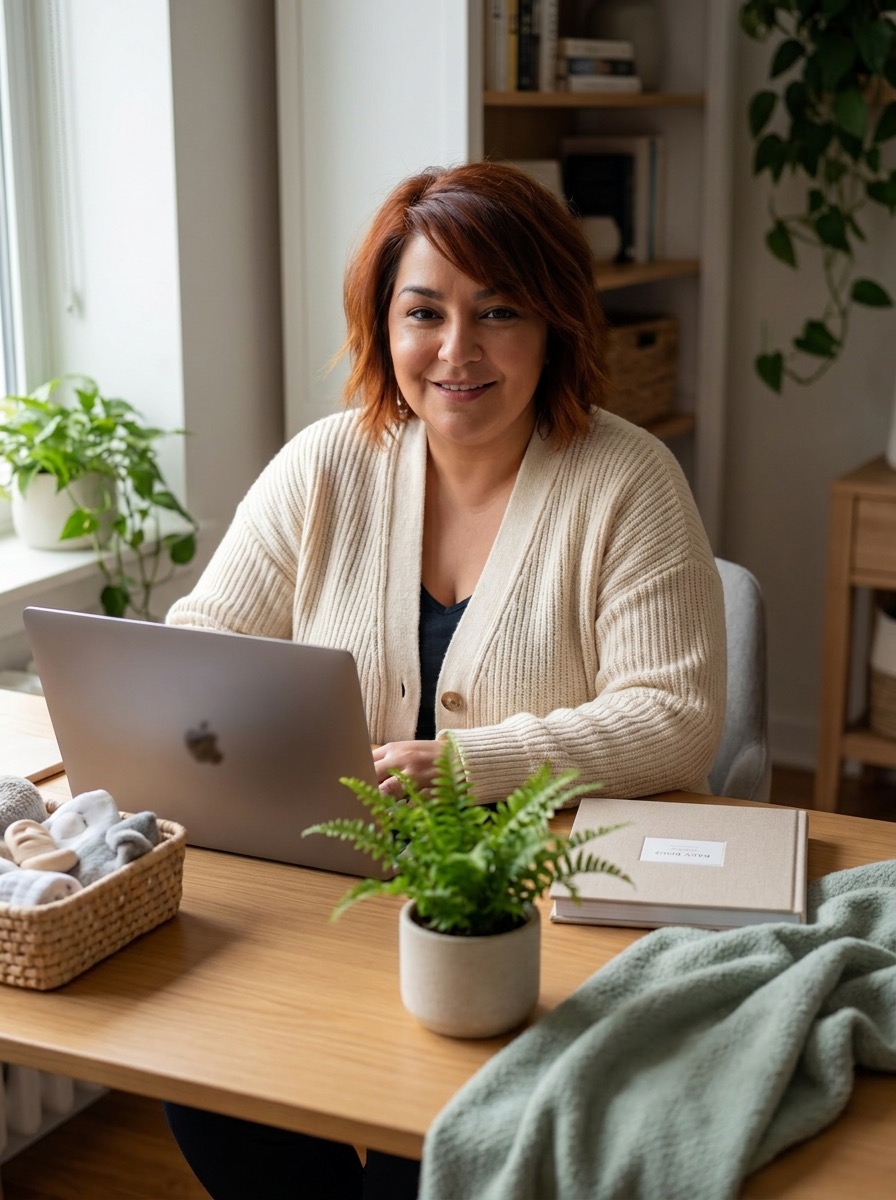 Woman with short red hair sitting at a desk with a laptop, smiling, in a well-lit room with plants and shelves.