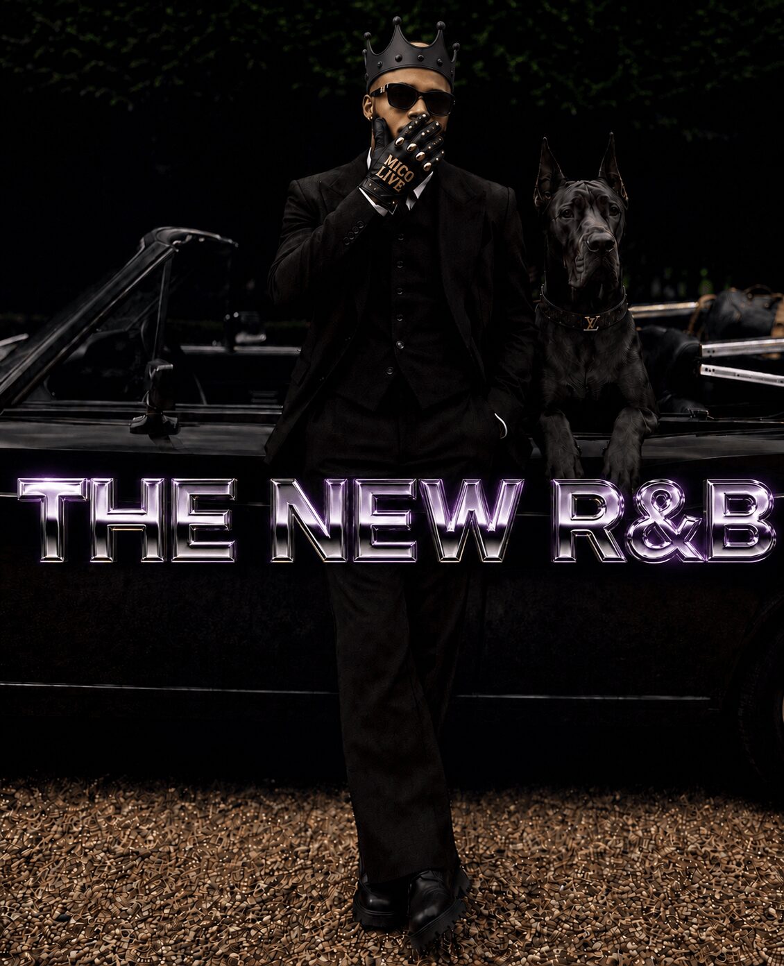 Person wearing sunglasses, crown, and gloves standing next to a black car with a dog inside, with neon sign reading 'THE NEW R&B'.