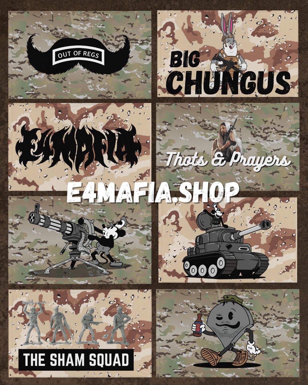 Six cartoon-style images with military and humorous themes, including camouflage, a tank, and characters with drinks.