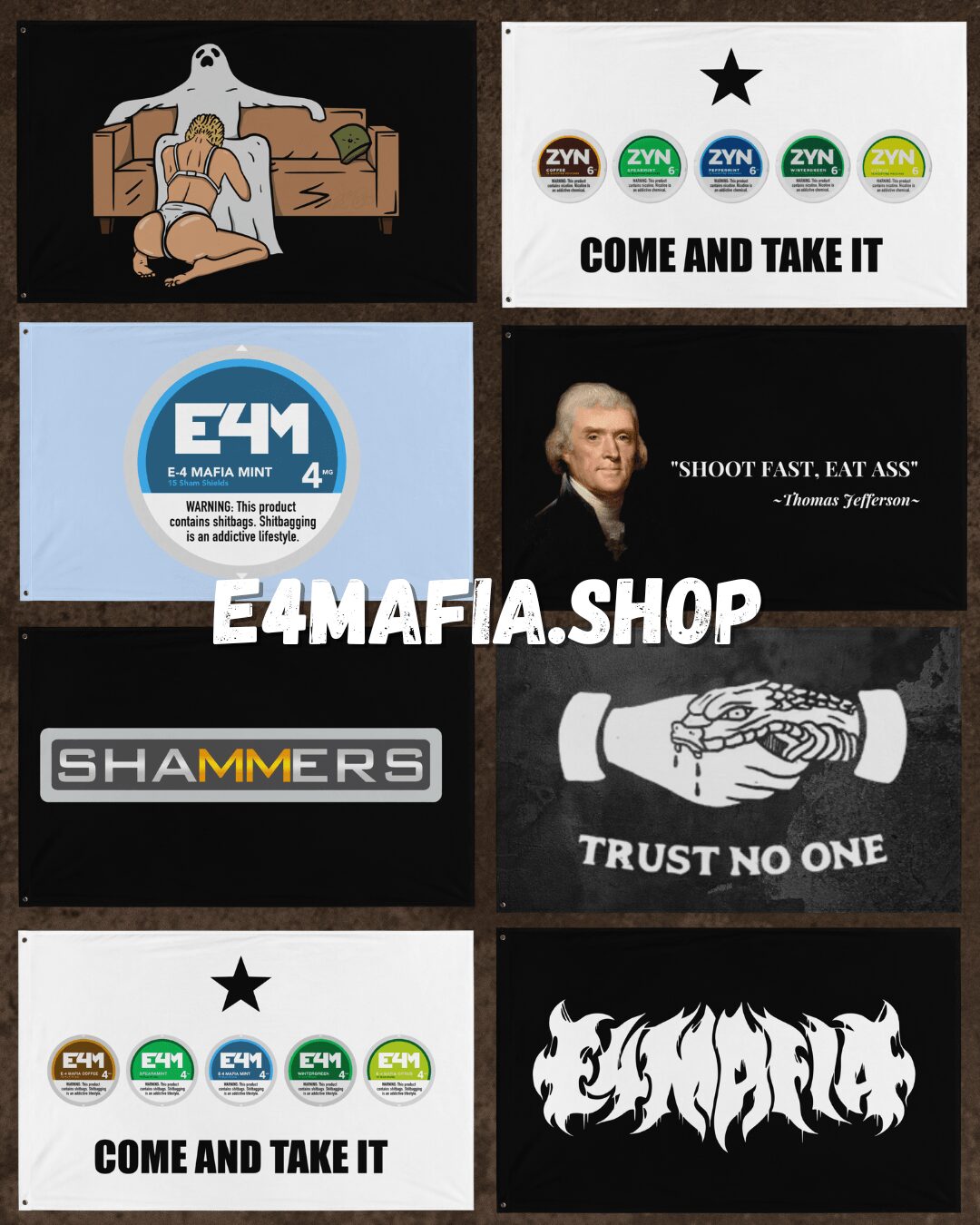 Six images with various logos, text, and graphics, including a handshake, a quote, and a cartoon character, arranged in a grid.