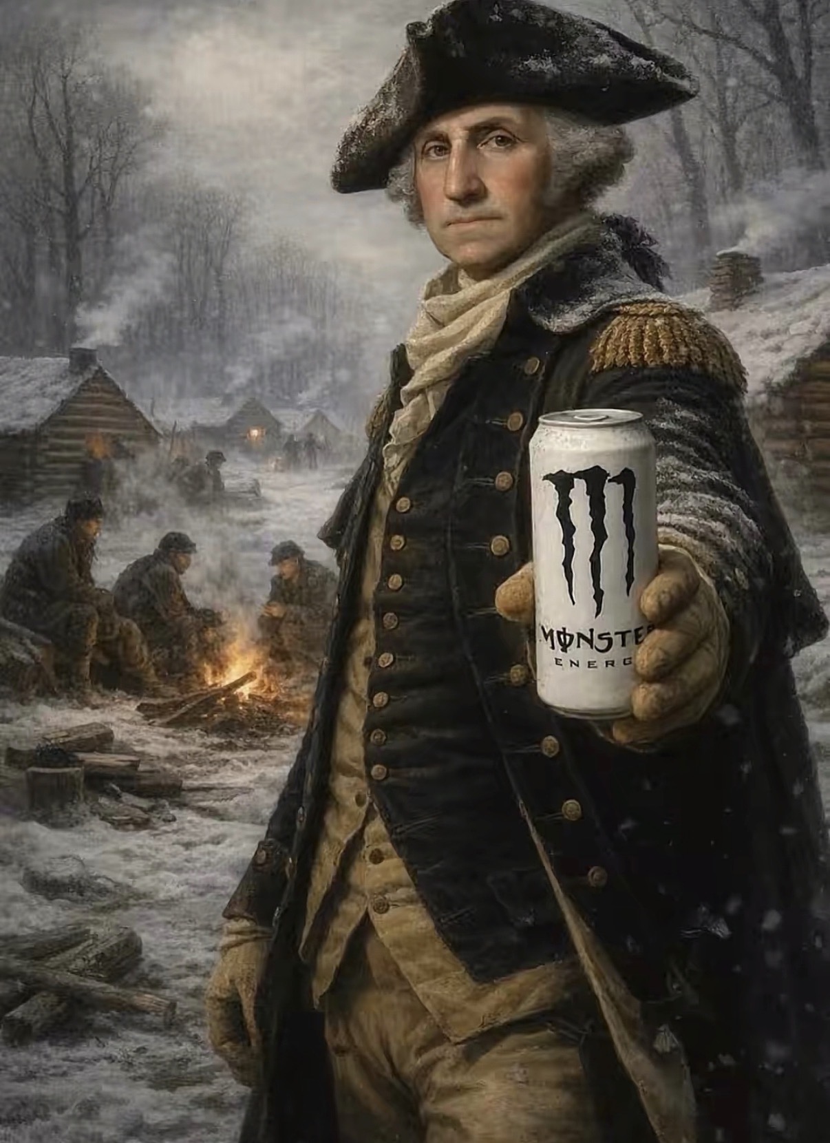 Historical figure in military uniform holding a can of Monster energy drink outdoors in winter, with a snowy village background.