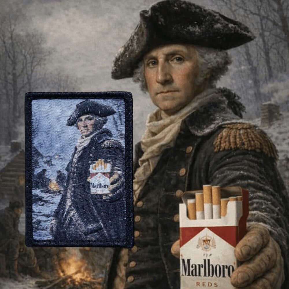 Historical figure in military uniform holding a Marlboro cigarette pack, with a digital screen showing a woman in historical attire, snowy background.