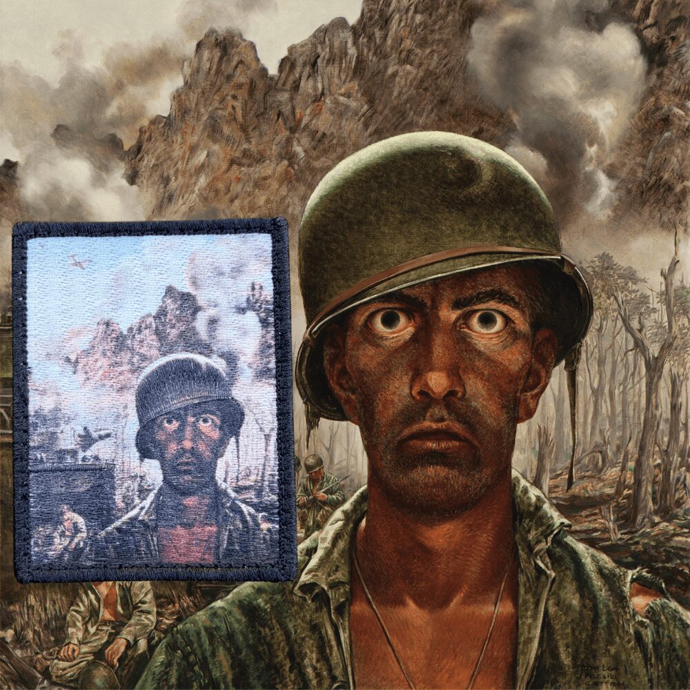 Portrait of a soldier wearing a helmet, with a serious expression, set against a war-torn background.