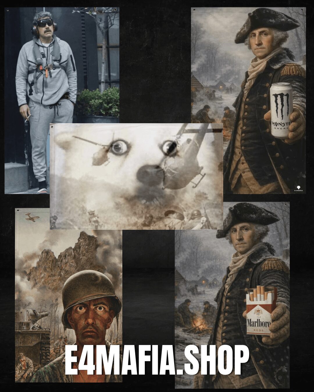 Collage of four images: a person in casual clothing, a historical painting, a person in historical costume, and a dog with a hat, with text 'E4MAFIA.SHOP' at the bottom.