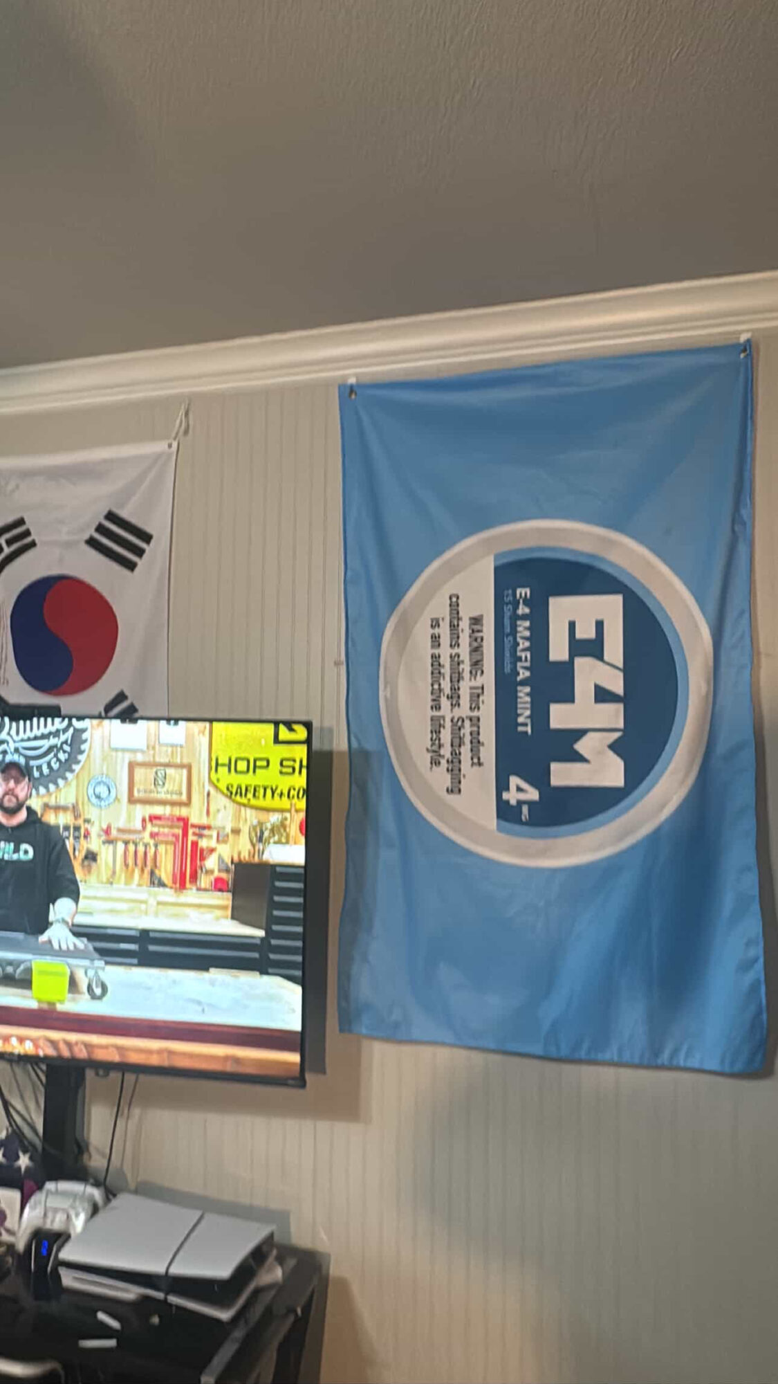 Blue flag with white and blue logo hanging on wall, South Korean flag partially visible on left, TV screen below.