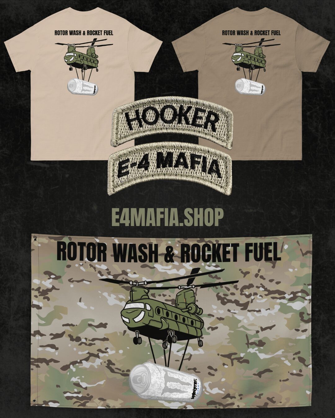 Two T-shirts with helicopter and rocket fuel graphics, and a banner with text, displayed above a camouflage background with helicopter and fuel container, text reads 'Rotor Wash & Rocket Fuel'.