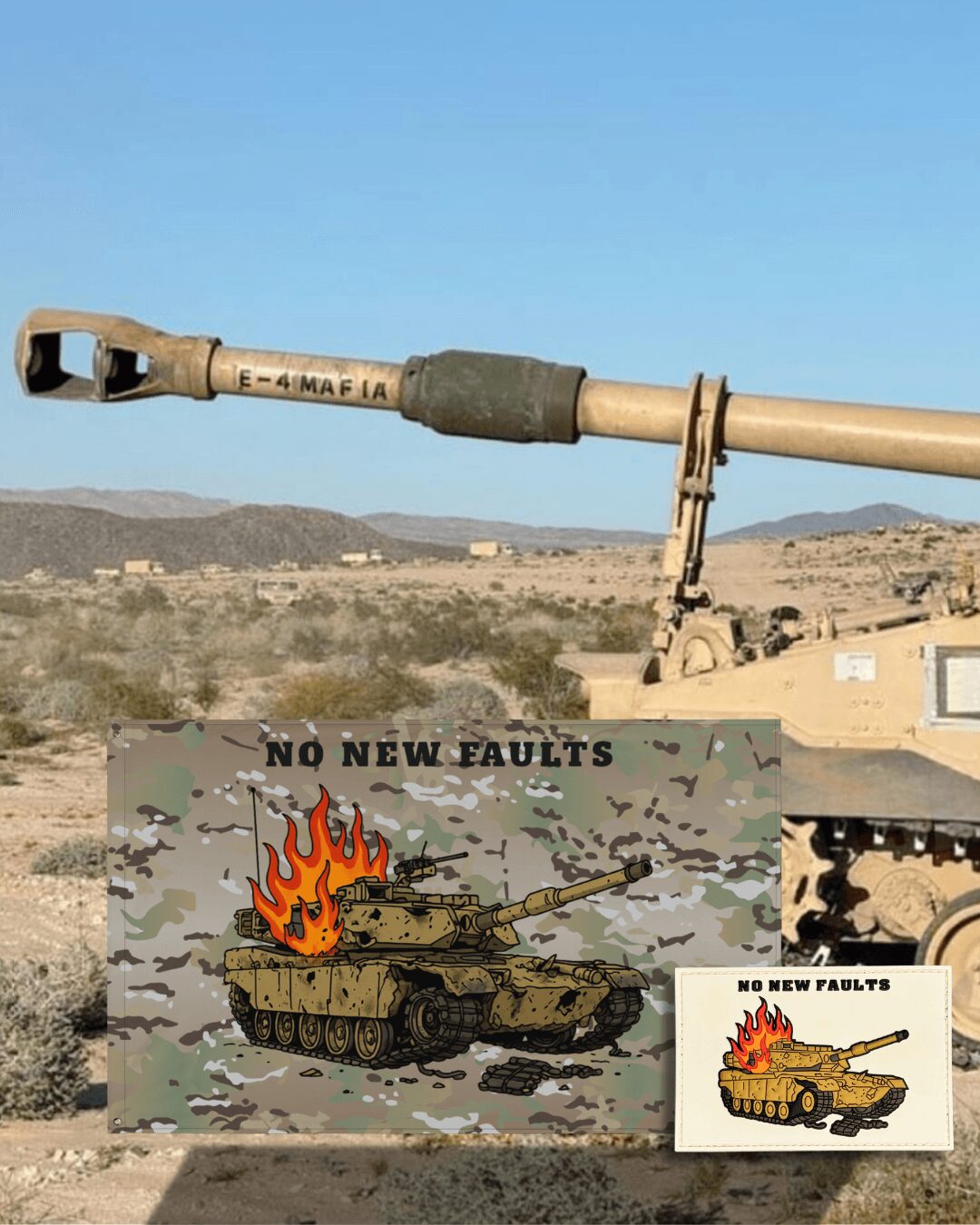 Tank illustration with flames and smoke, text reads 'NO NEW FAULTS', background shows desert landscape, sky, and distant hills.