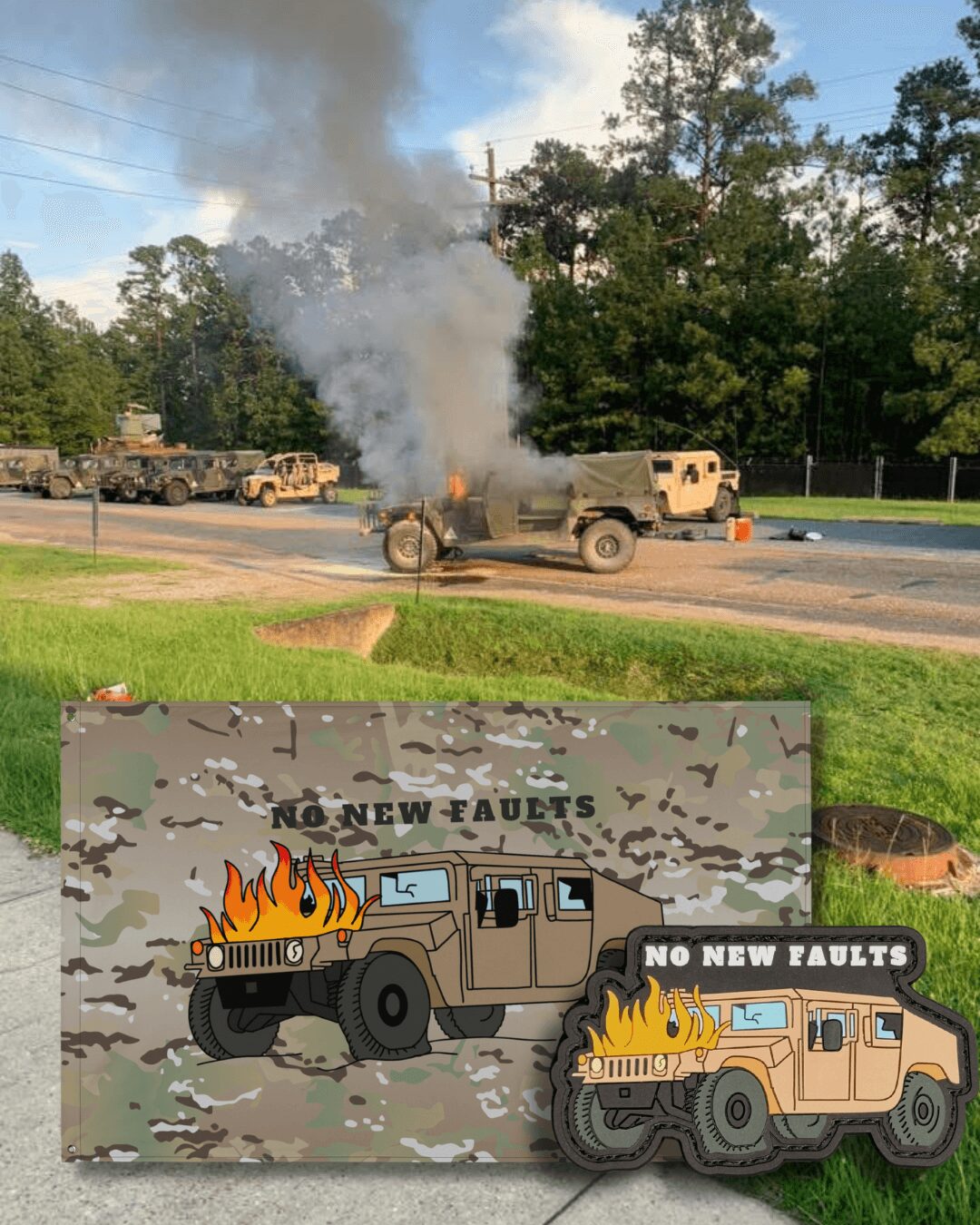 Burned vehicle emitting smoke on road, with a cartoon sign showing a damaged vehicle and flames, and text 'NO NEW FAULTS'.