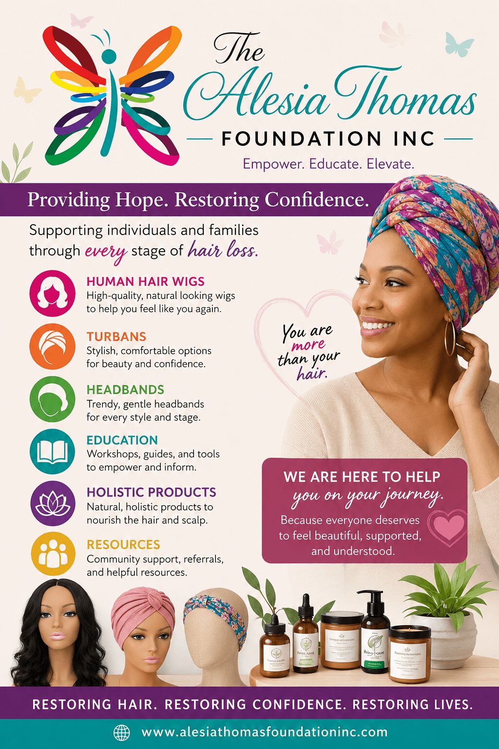 A woman with long dark hair smiling, promotional flyer for Alesia Thomas Foundation, featuring colorful butterfly logo, product images, and supportive messages.