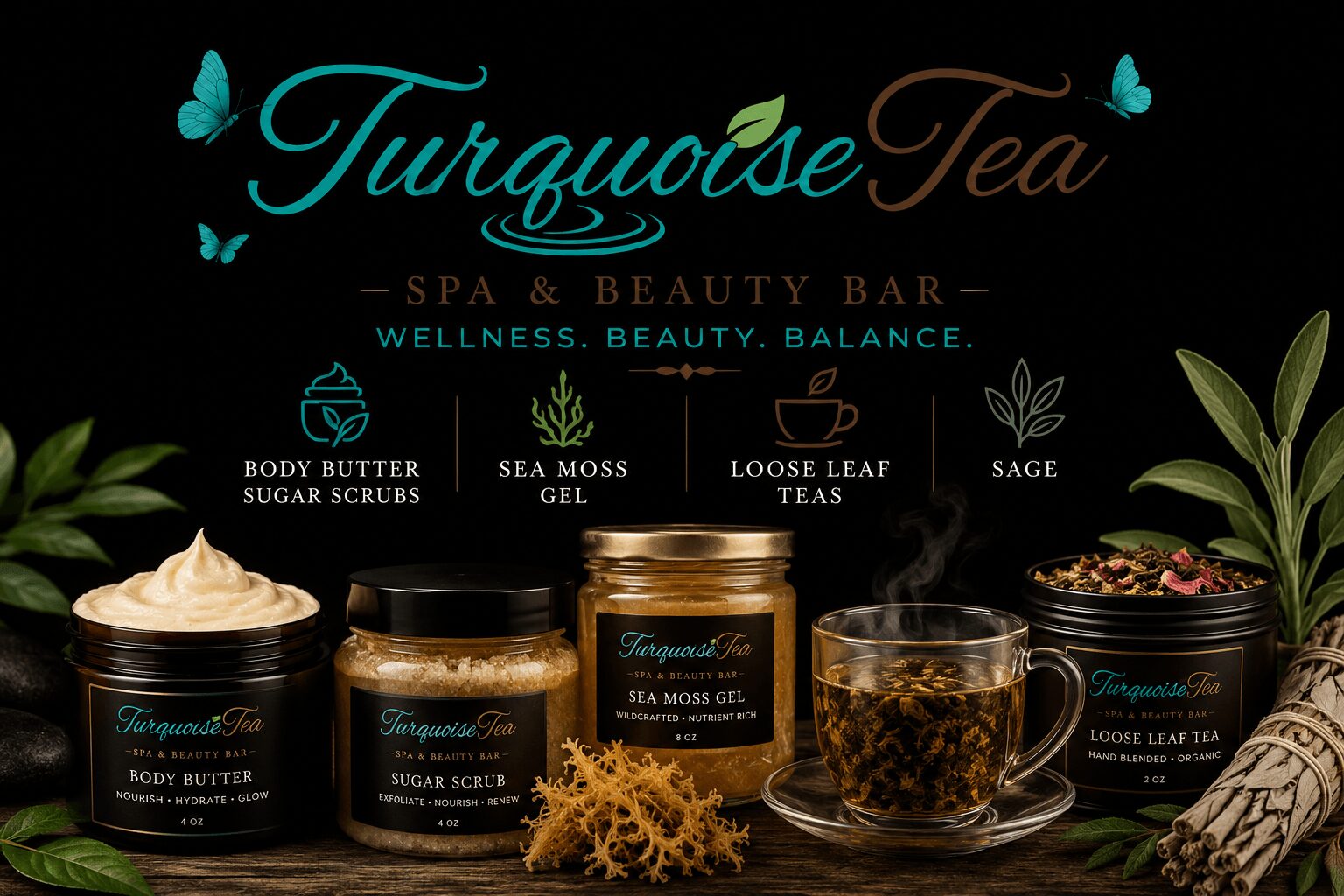 Display of tea and skincare products with a plant, tea leaves, and a rolled towel, on a black background.
