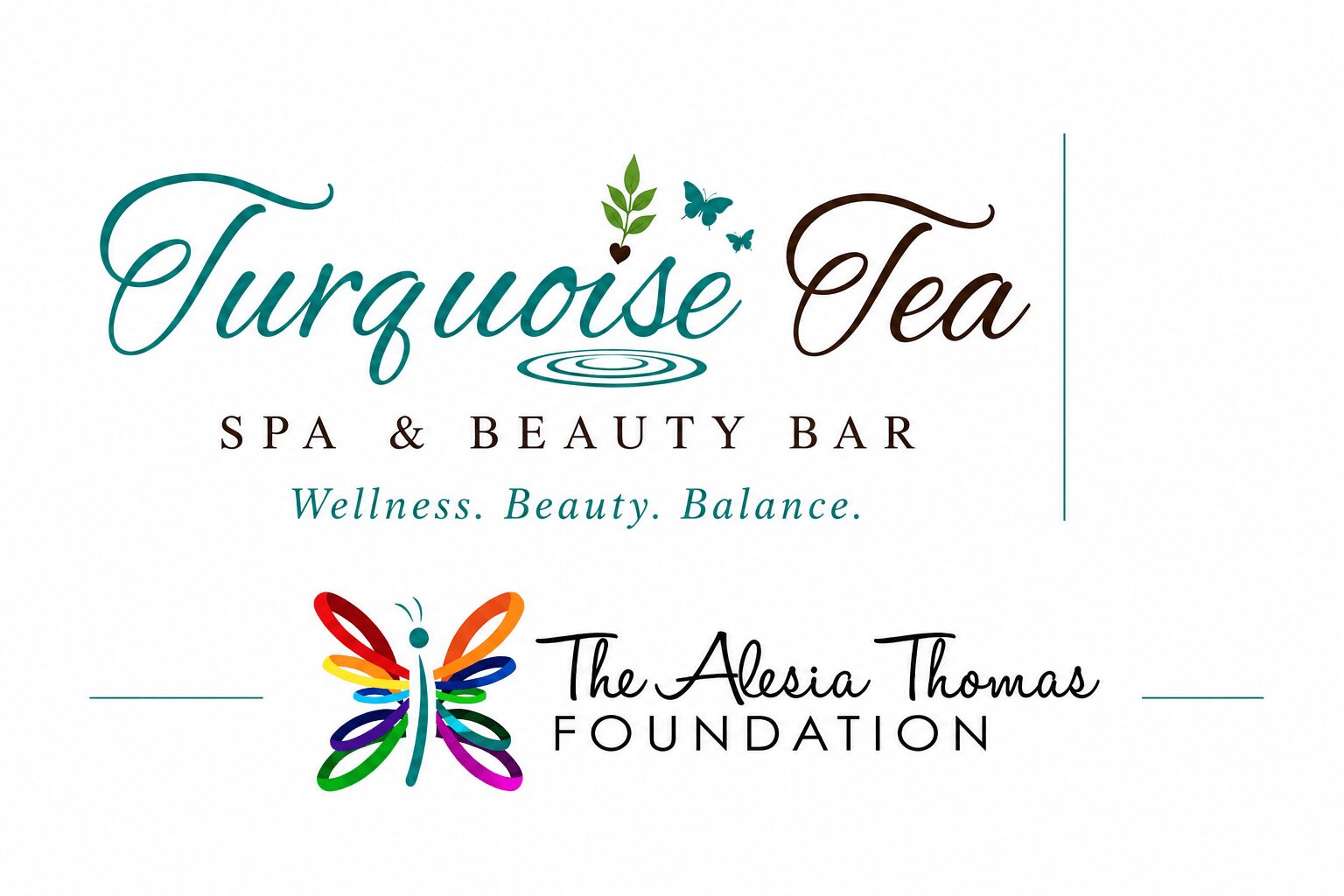 Logo with text 'Turquoise Tea Spa & Beauty Bar' and butterfly design, with additional text and a foundation name.