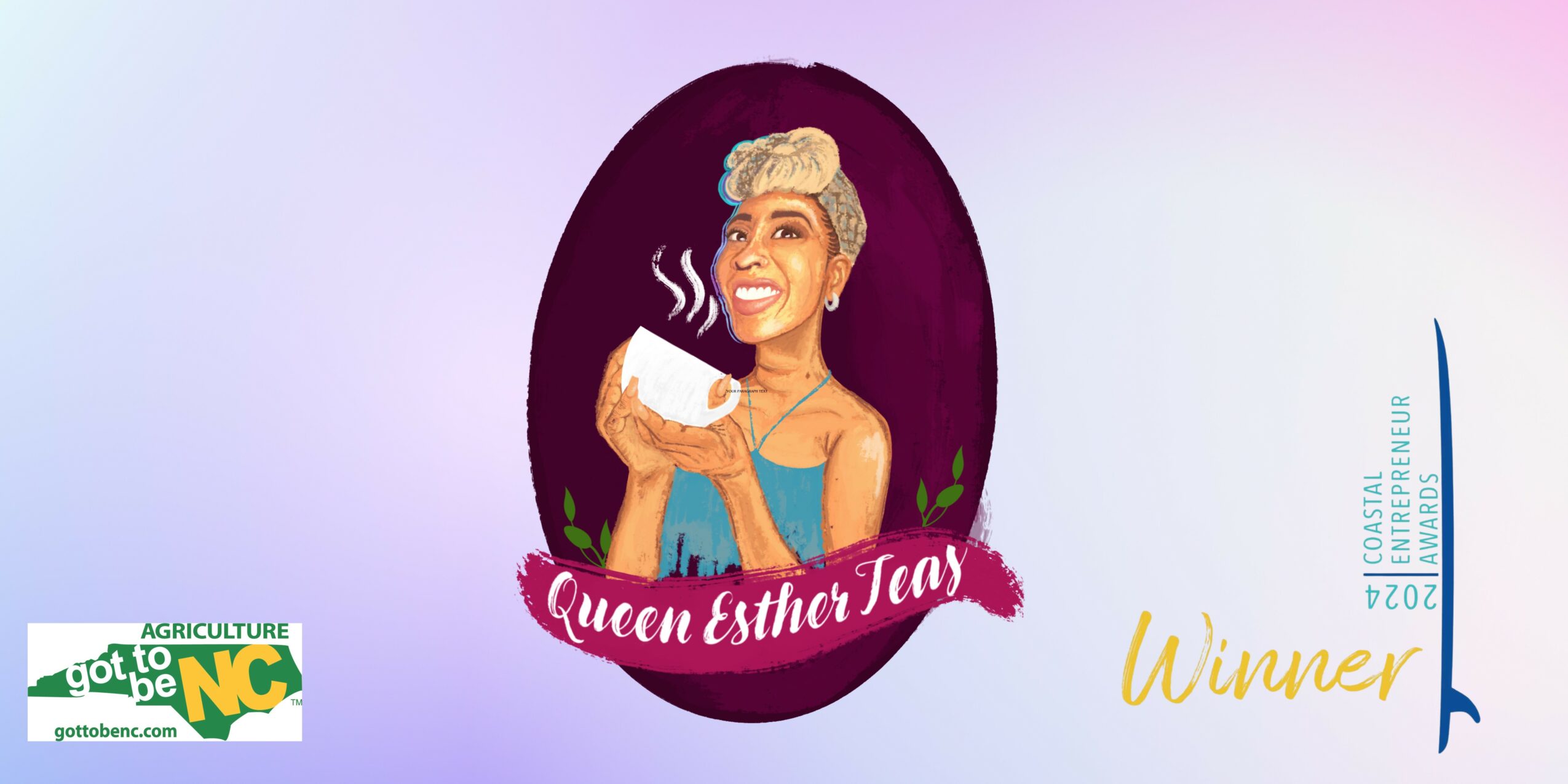 A woman with gray hair in a bun holding a steaming cup, smiling, inside a purple oval. Winner badge and logos are visible.