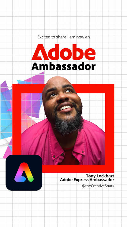 Portrait of a smiling man with a beard wearing a pink shirt, with colorful geometric background and Adobe logo.
